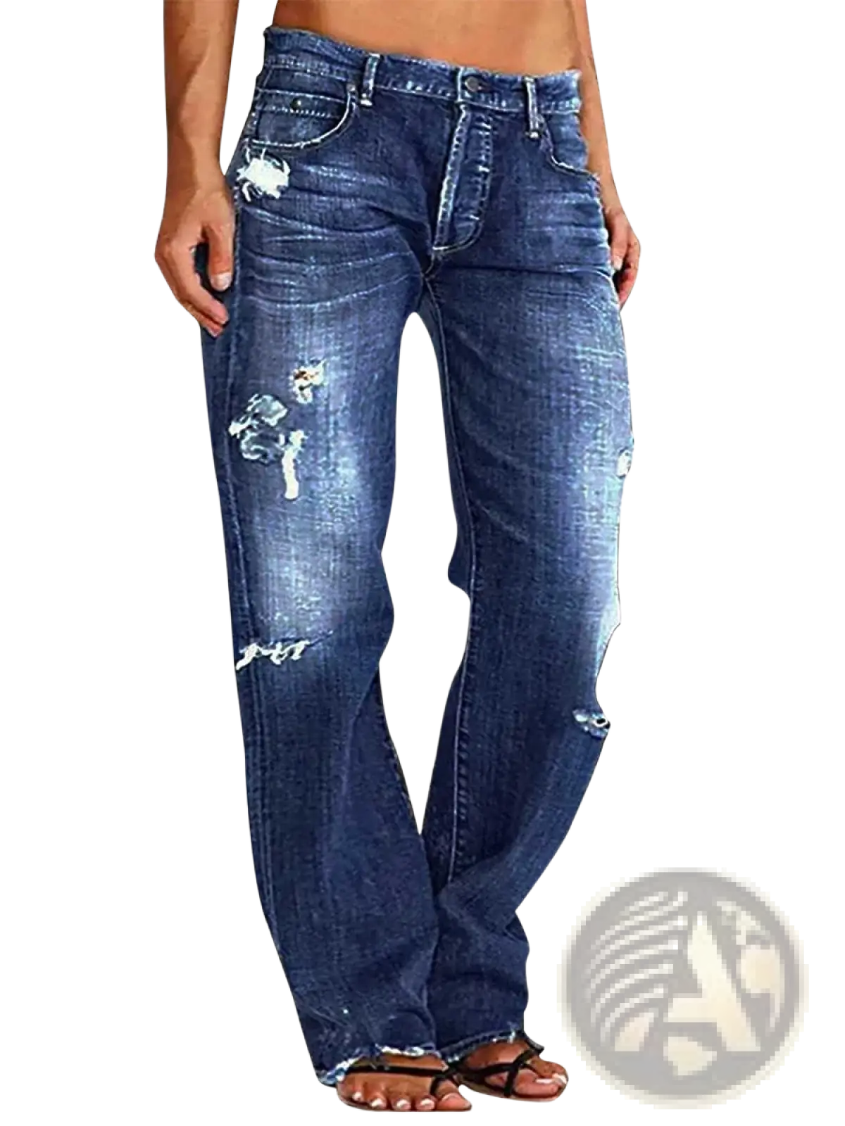 Unisex ripped straight leg denim jeans in distressed blue with intentional rips and frayed edges