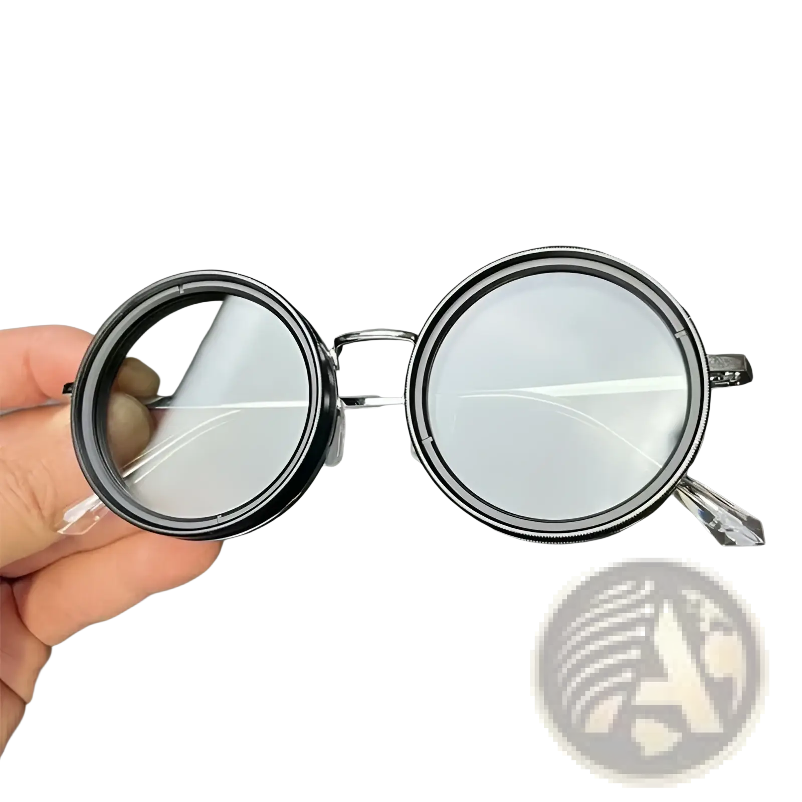 Black-framed unisex round uv resistant sunglasses with clear lenses and metallic bridge and frames
