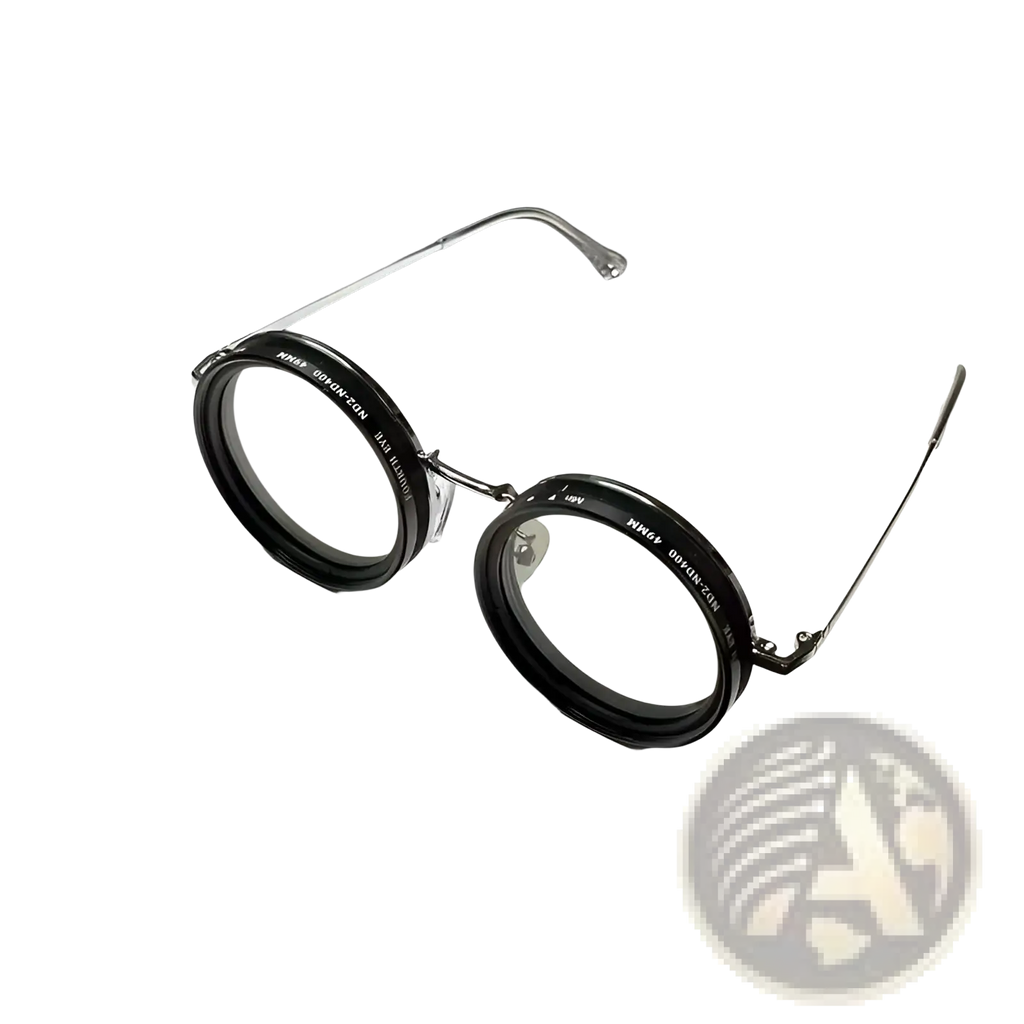 Unisex round uv resistant sunglasses with black circular lenses and thin metallic frames with clear lenses