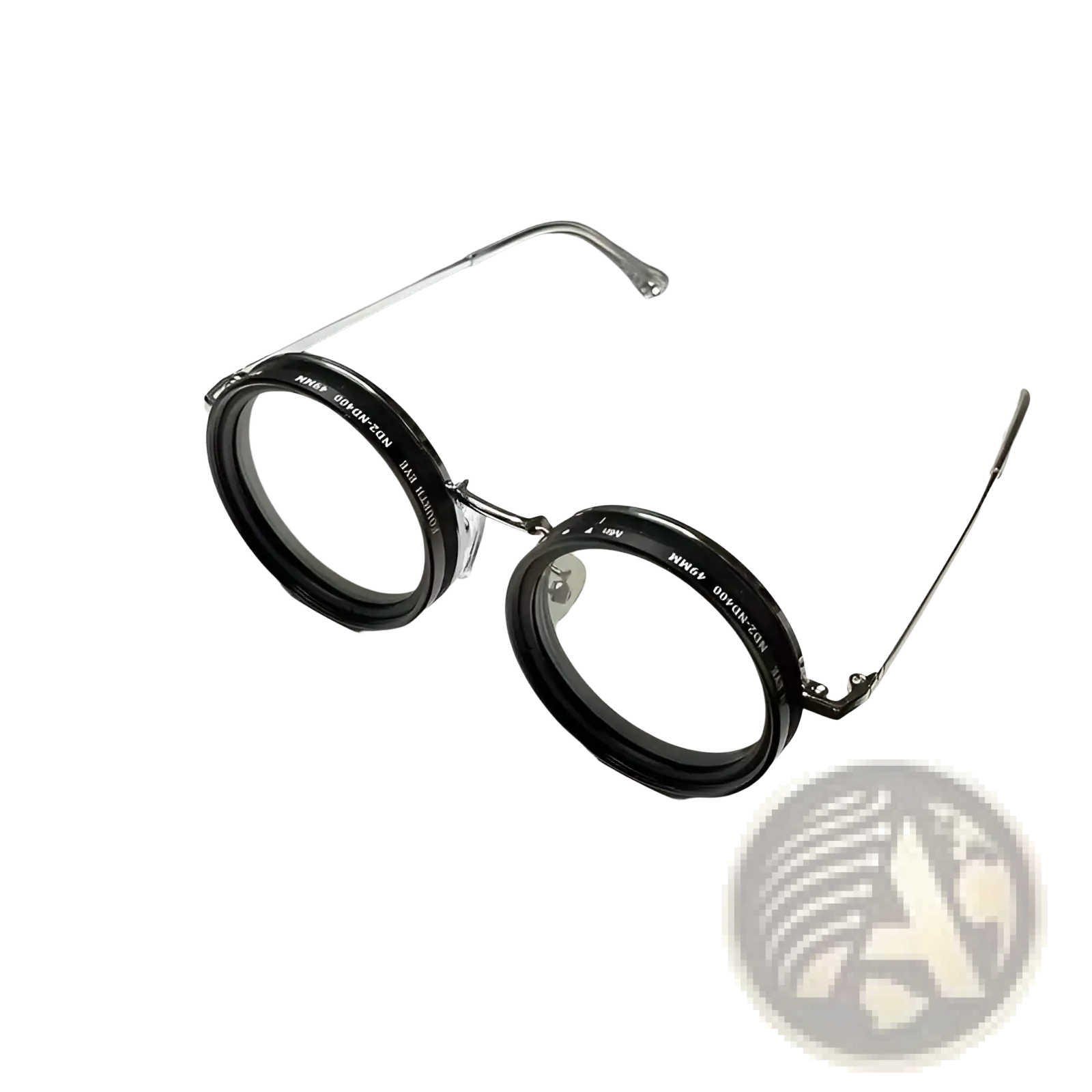 Unisex round uv resistant sunglasses with black circular lenses and thin metallic frames with clear lenses