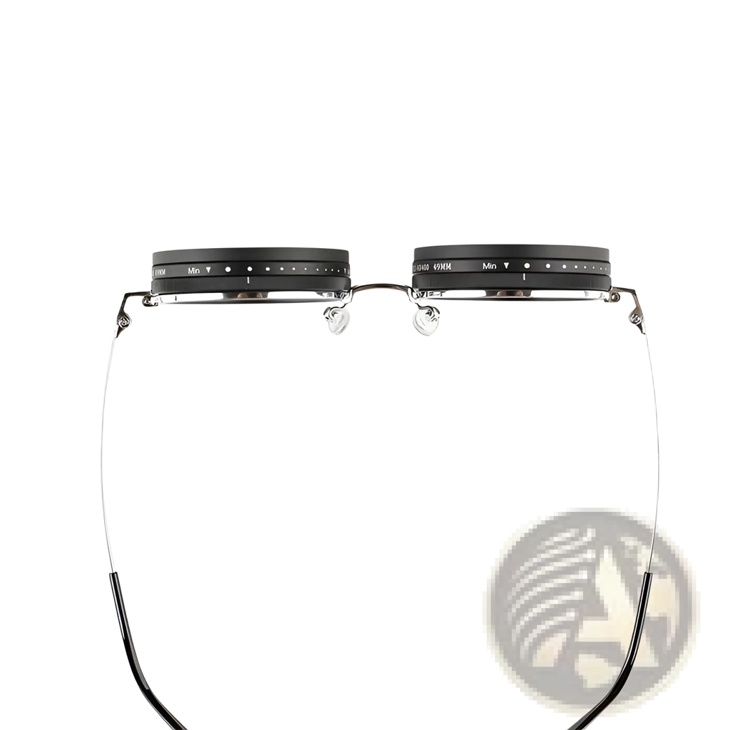 Black circular lens adjusters with engraved markings on metallic frame of unisex round uv resistant sunglasses