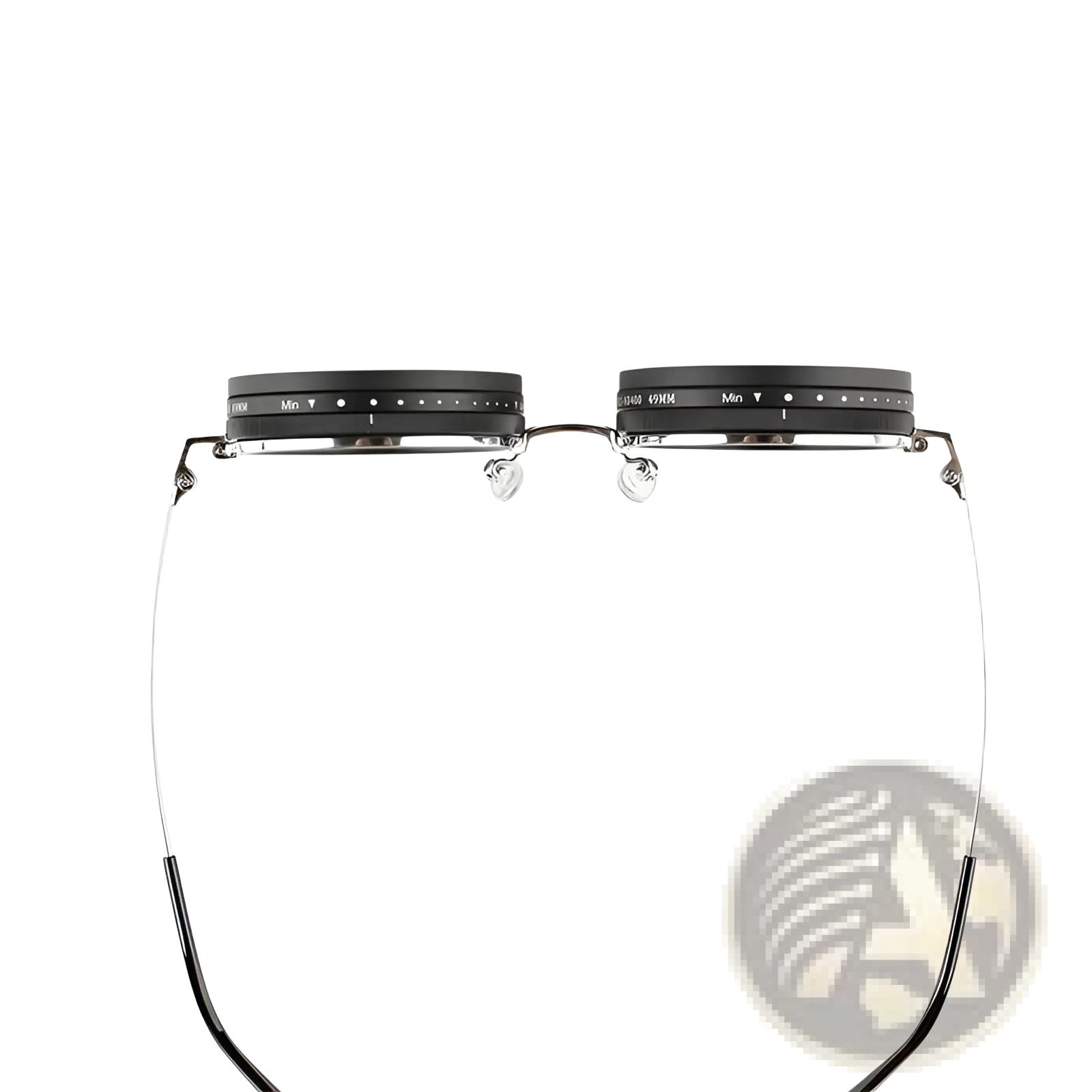 Black circular lens adjusters with engraved markings on metallic frame of unisex round uv resistant sunglasses