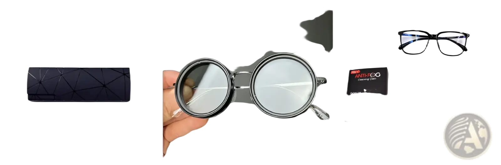 Black geometric patterned glasses case complementing unisex round uv resistant sunglasses with metallic frames