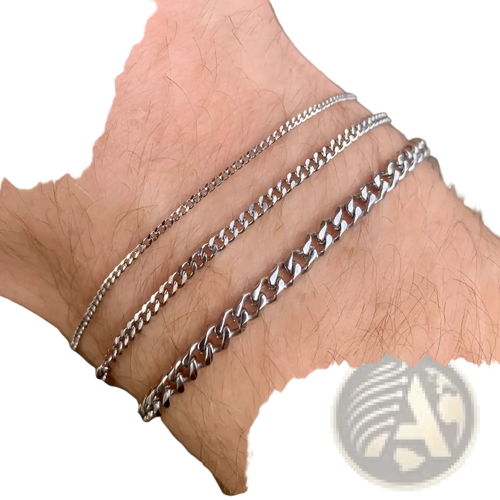 Unisex silver layered Cuban and Figaro link bracelet set with three silver-toned chain bracelets on a wrist
