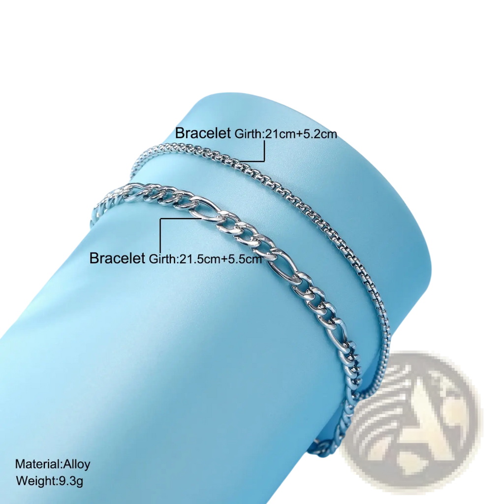 Unisex silver layered Cuban and Figaro link bracelet set with silver-toned alloy sleek interlocking chain design