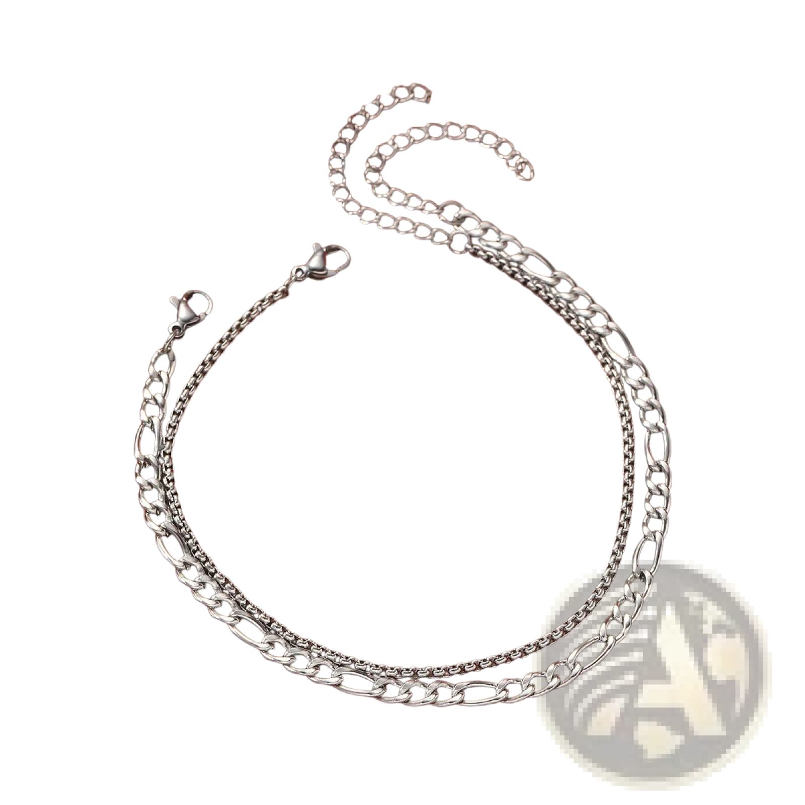 Unisex silver layered Cuban and Figaro link bracelet set with silver-toned double-layer chain anklet and lobster clasp