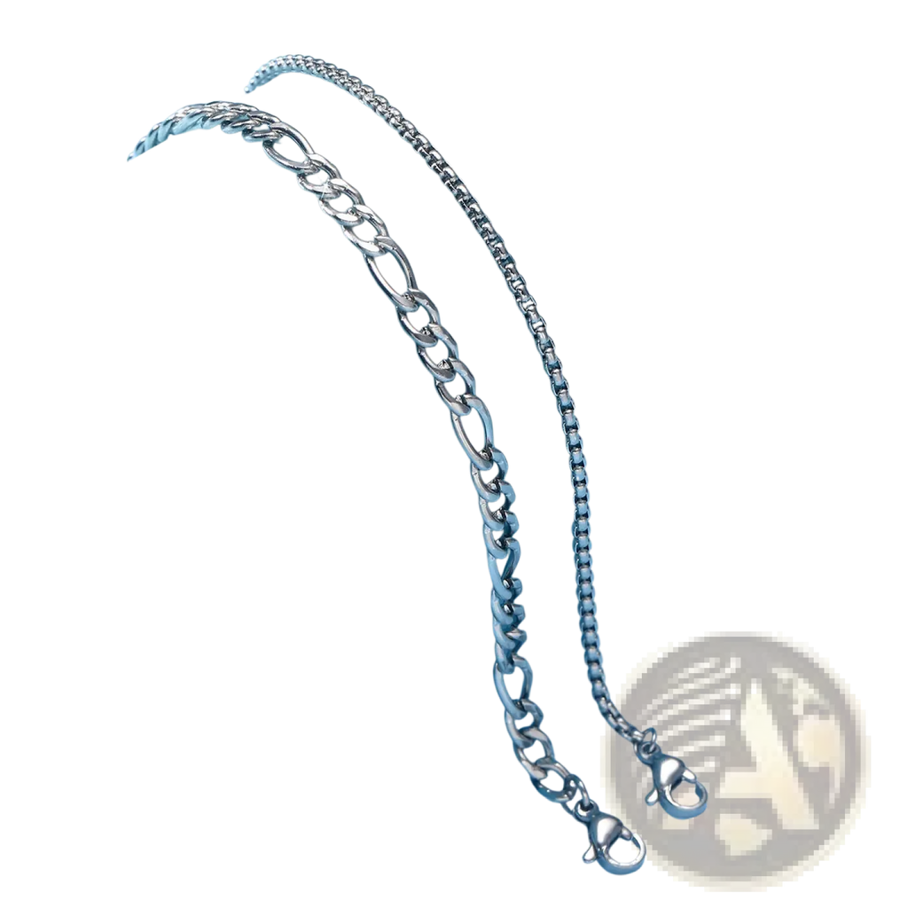 Two silver-toned metal chains with figaro and box link designs featuring secure lobster clasps for unisex wear
