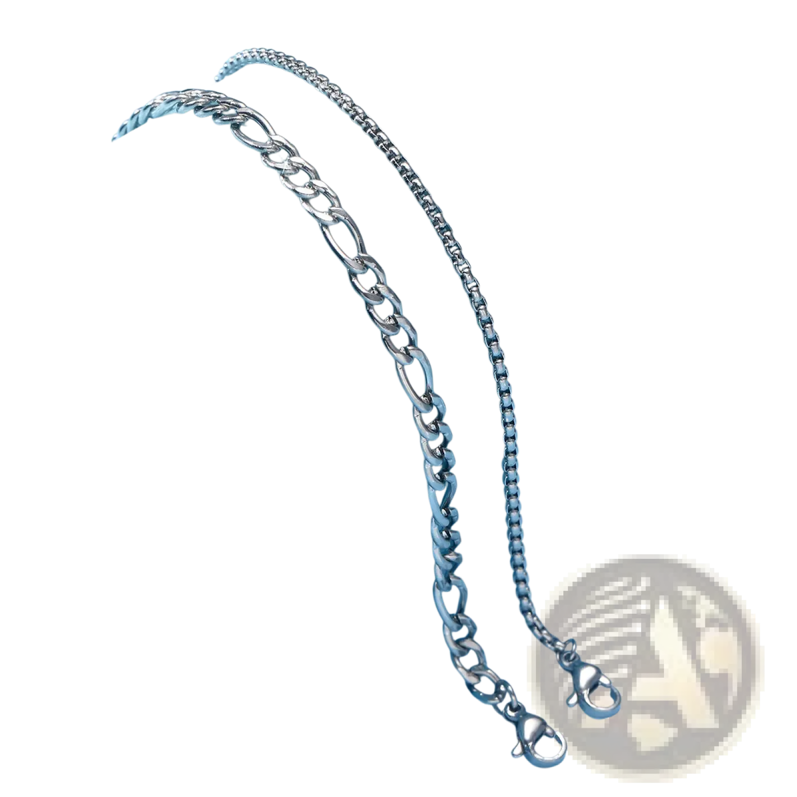 Two silver-toned metal chains with figaro and box link designs featuring secure lobster clasps for unisex wear