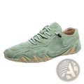 Unisex suede casual sneaker in mint green with lace-up closure, beige rubber sole, and stitched panel design