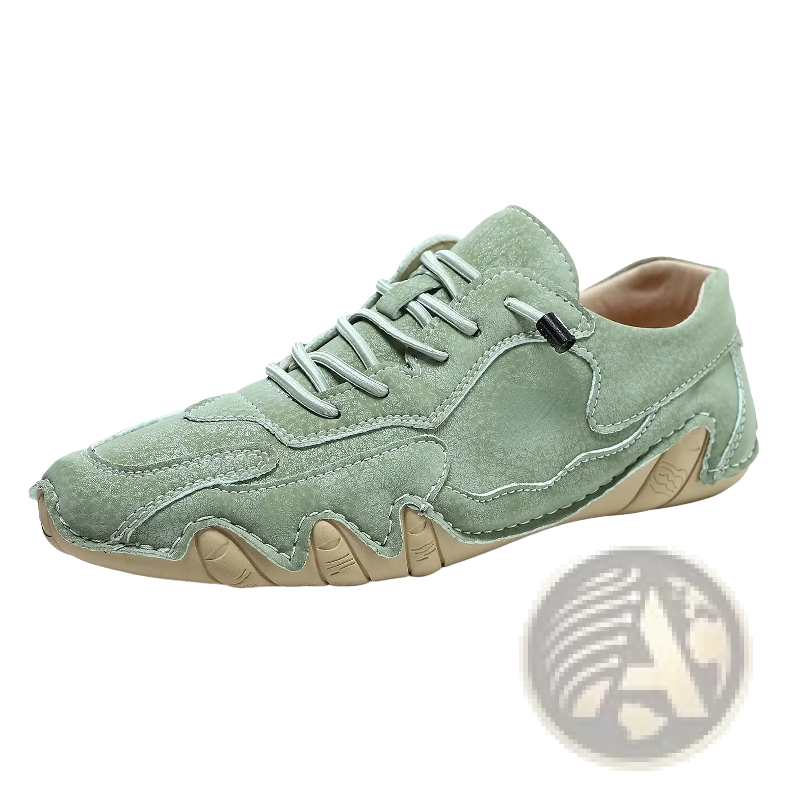 Unisex suede casual sneaker in mint green with lace-up closure, beige rubber sole, and stitched panel design