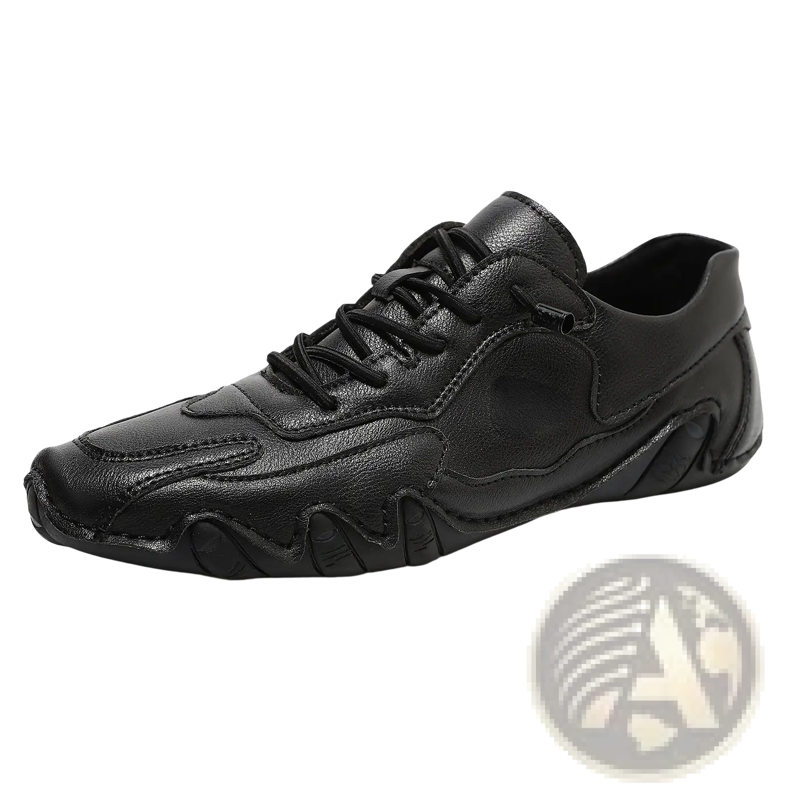 Black leather unisex casual lace-up shoe with textured wavy rubber sole and suede accents