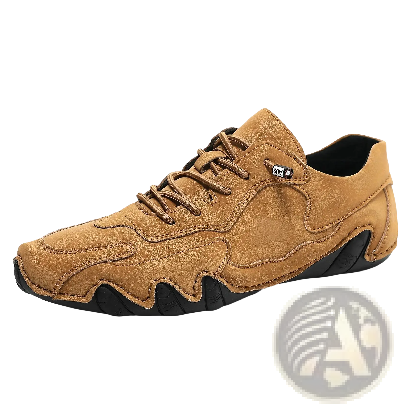 Tan suede unisex casual sneaker with wavy black rubber sole and matching laces for everyday wear