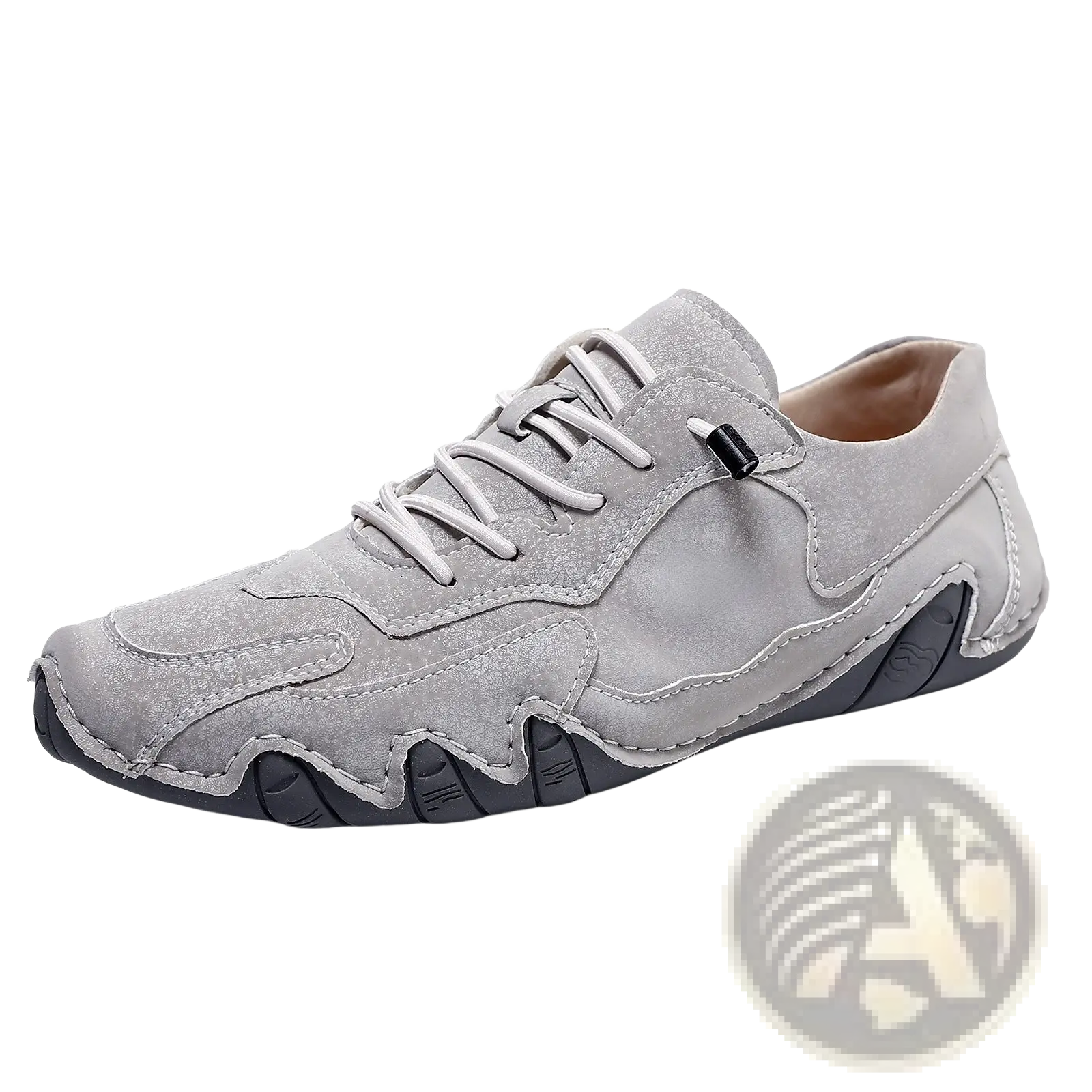 Unisex suede casual sneaker in gray with black wavy rubber sole and white laces for everyday wear