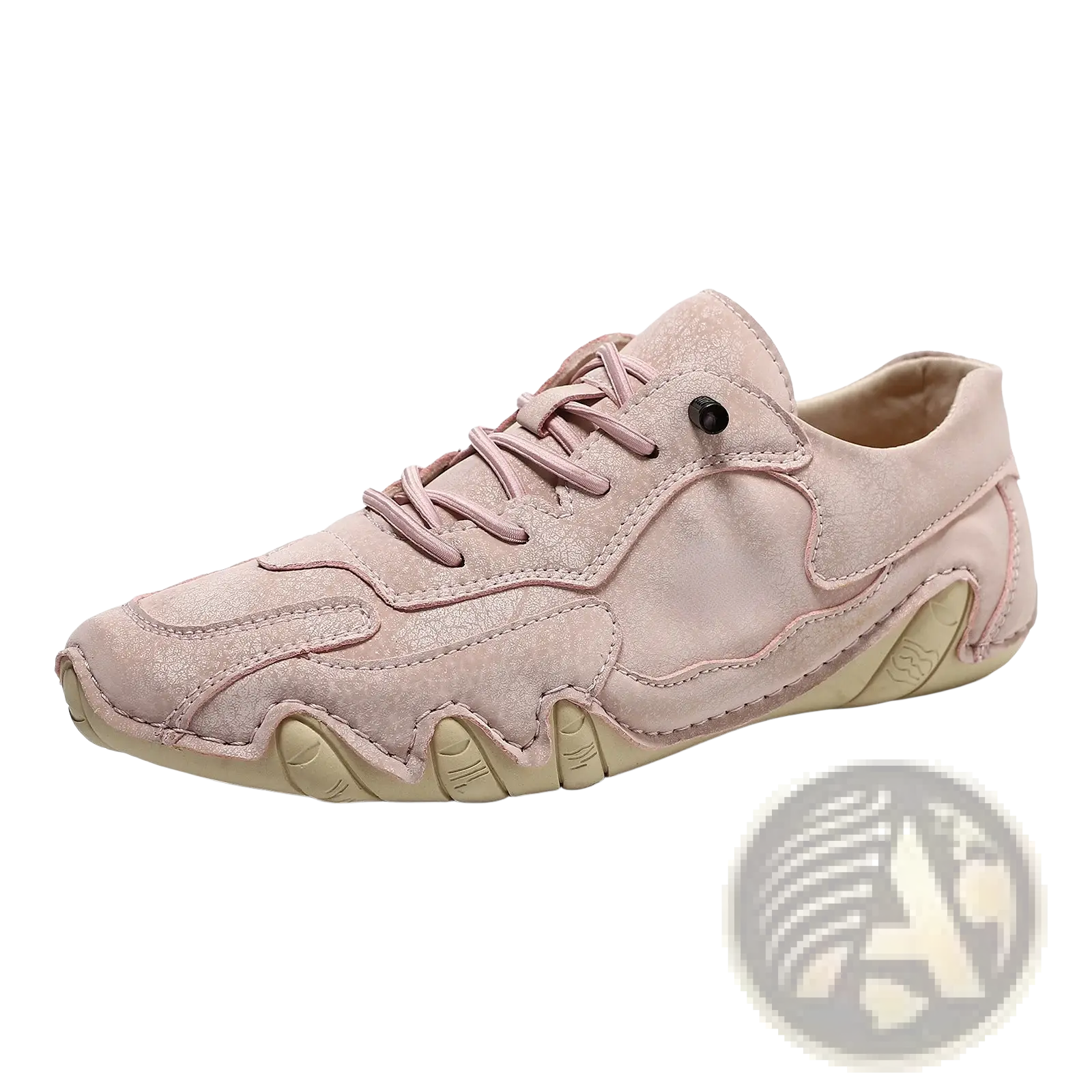 A soft pink suede unisex casual sneaker with textured wavy rubber sole and matching laces