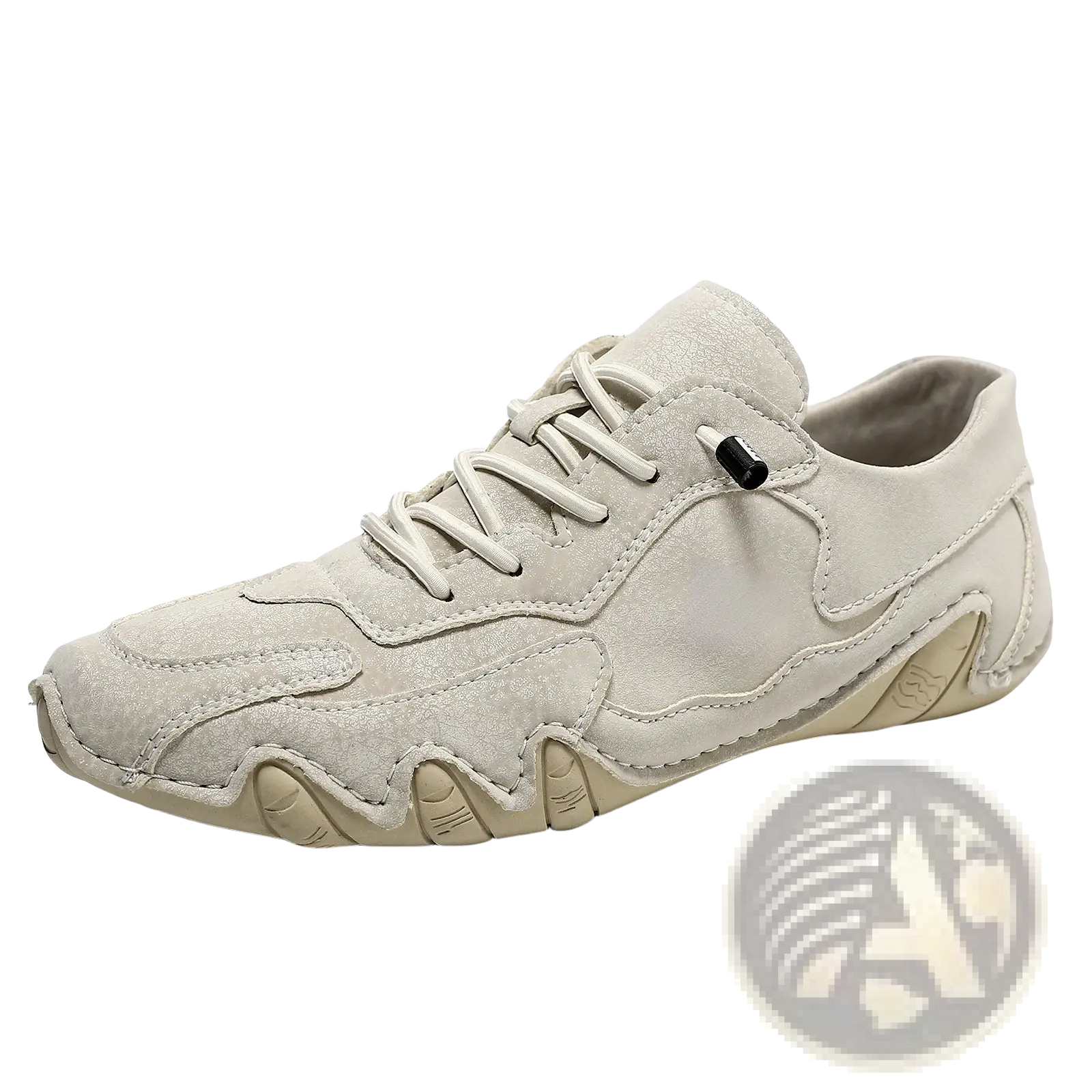 Beige unisex suede casual sneaker with textured wavy rubber sole and matching laces for everyday wear