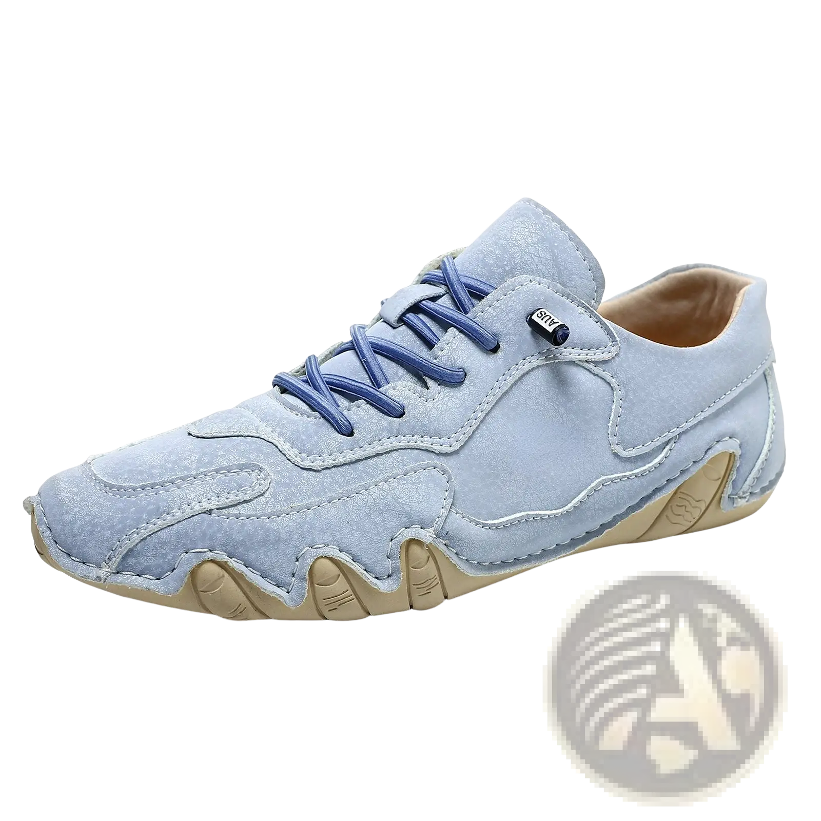 Unisex suede casual sneaker in light blue with navy laces and beige wavy rubber sole for everyday wear