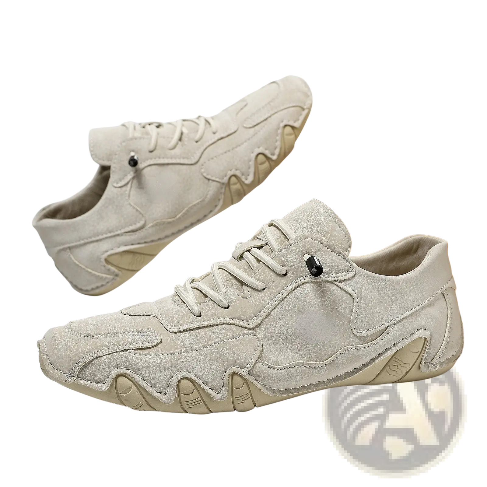 Beige unisex suede casual sneakers with wavy textured rubber soles and matching laces for everyday wear
