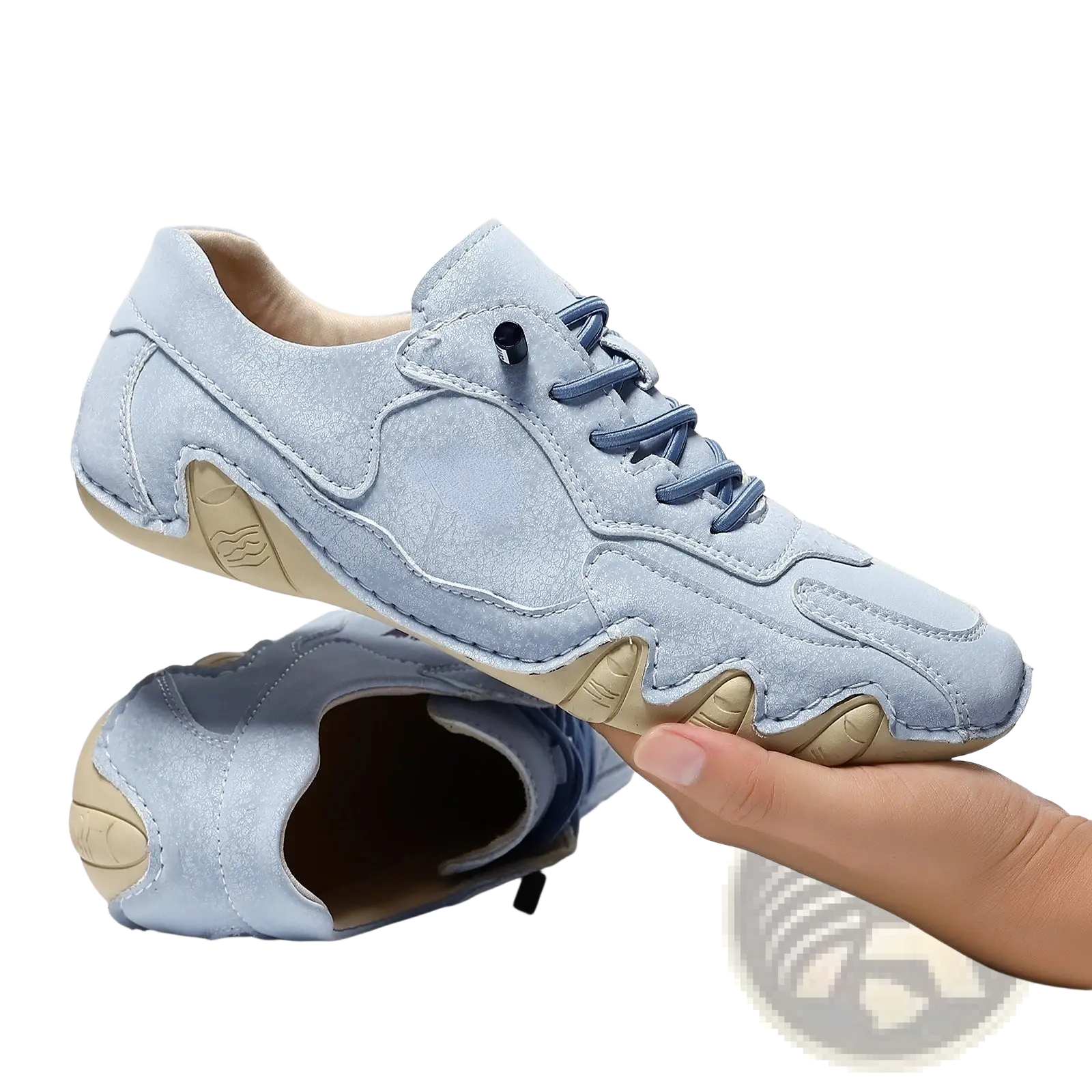 Unisex suede casual sneakers in light blue with beige wavy rubber soles and matching laces for everyday wear