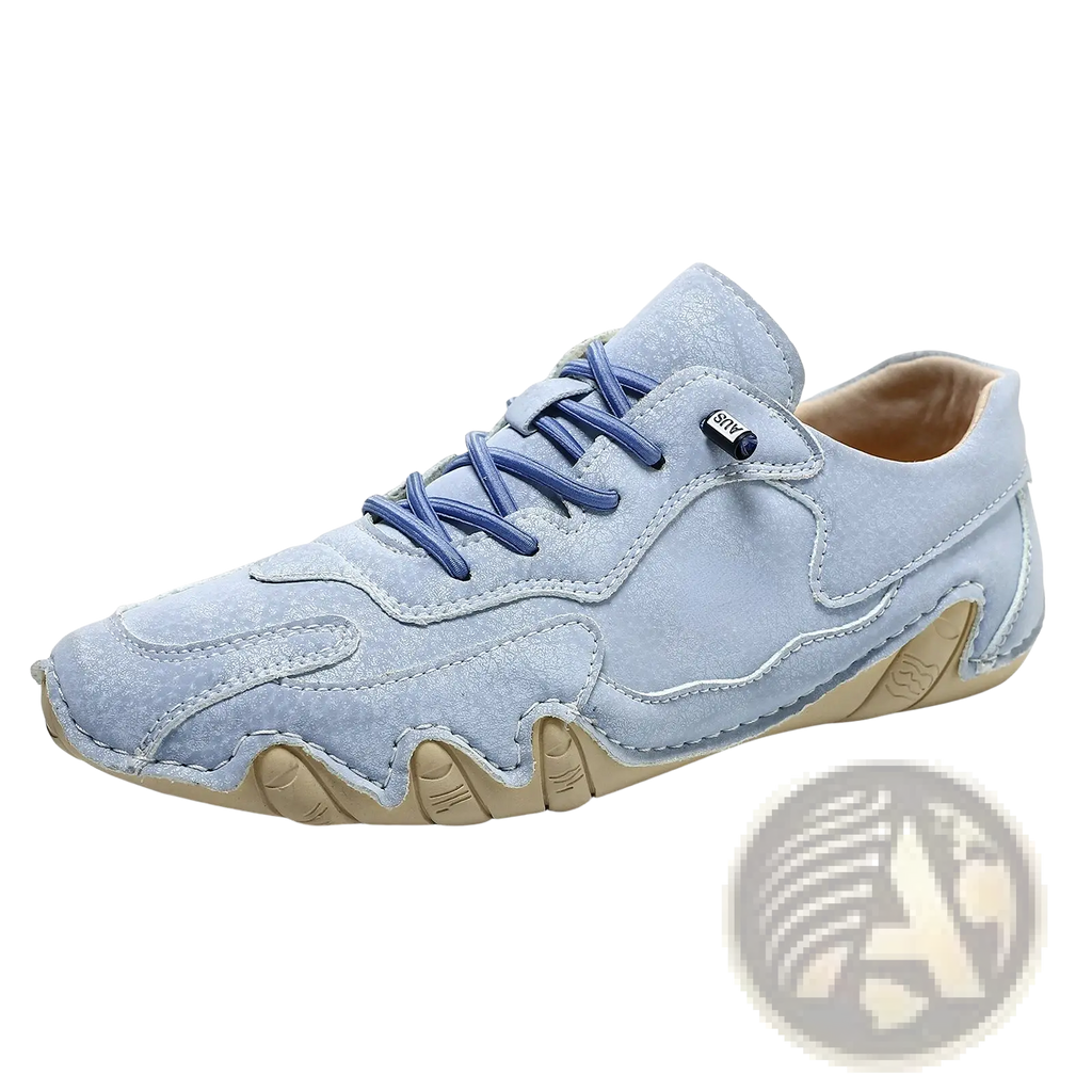 Unisex suede casual sneaker in light blue with navy laces and beige wavy rubber sole