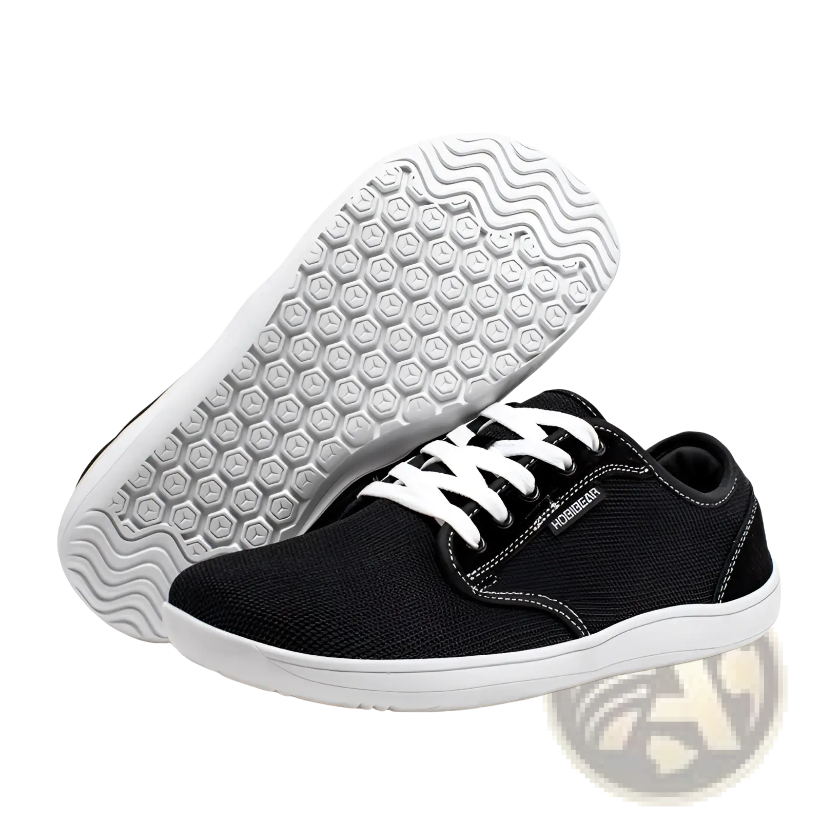 Unisex suede leather casual sports shoe gs6968 in black mesh with white laces and hexagonal tread rubber sole