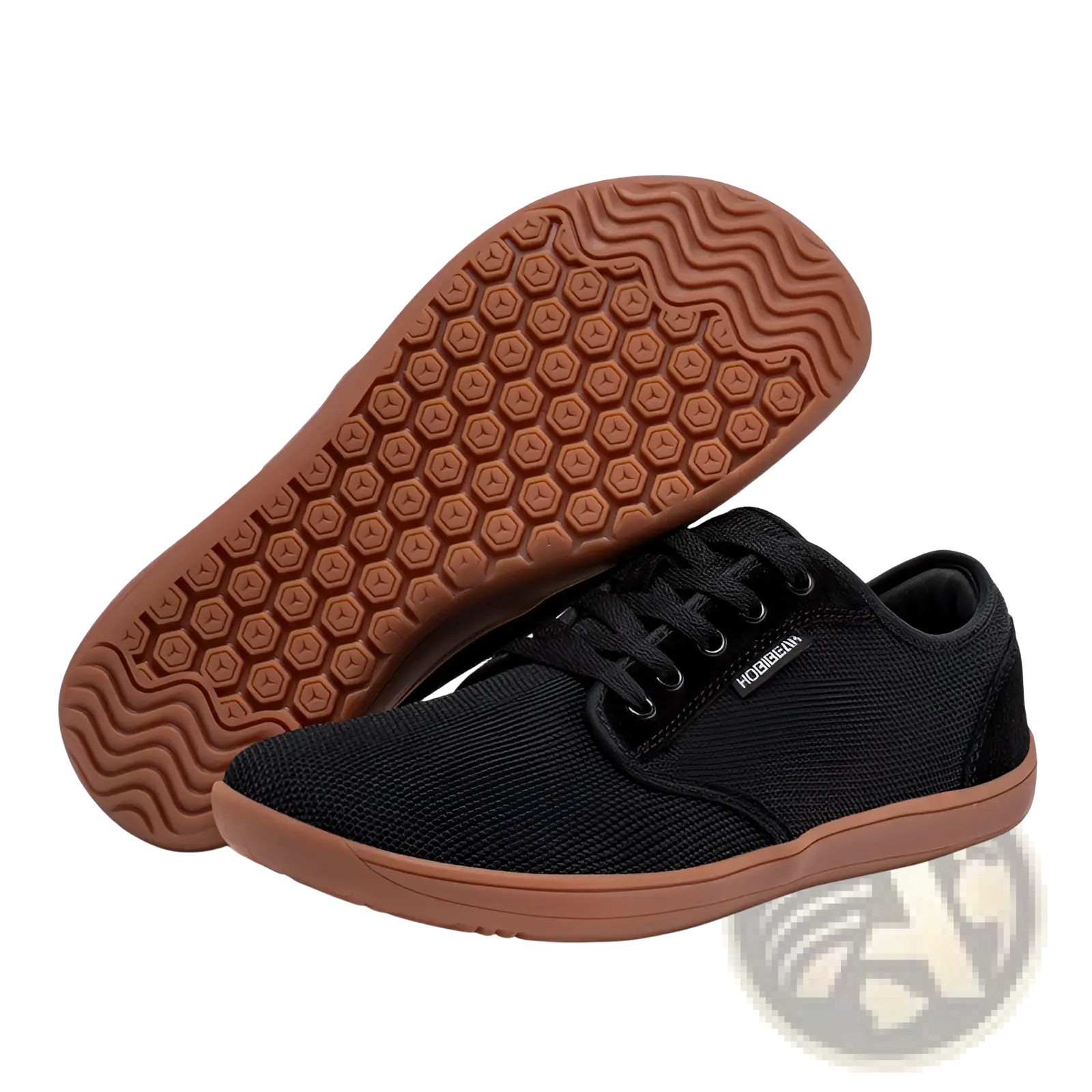 Unisex suede leather casual sports shoe gs6968 black mesh lace-up sneaker with tan rubber sole and hexagonal tread pattern