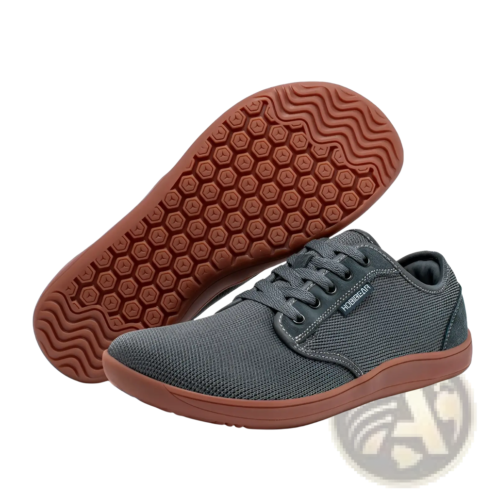 Unisex suede leather casual sports shoe gs6968 gray mesh hugoboa with brown rubber sole and hexagonal tread pattern