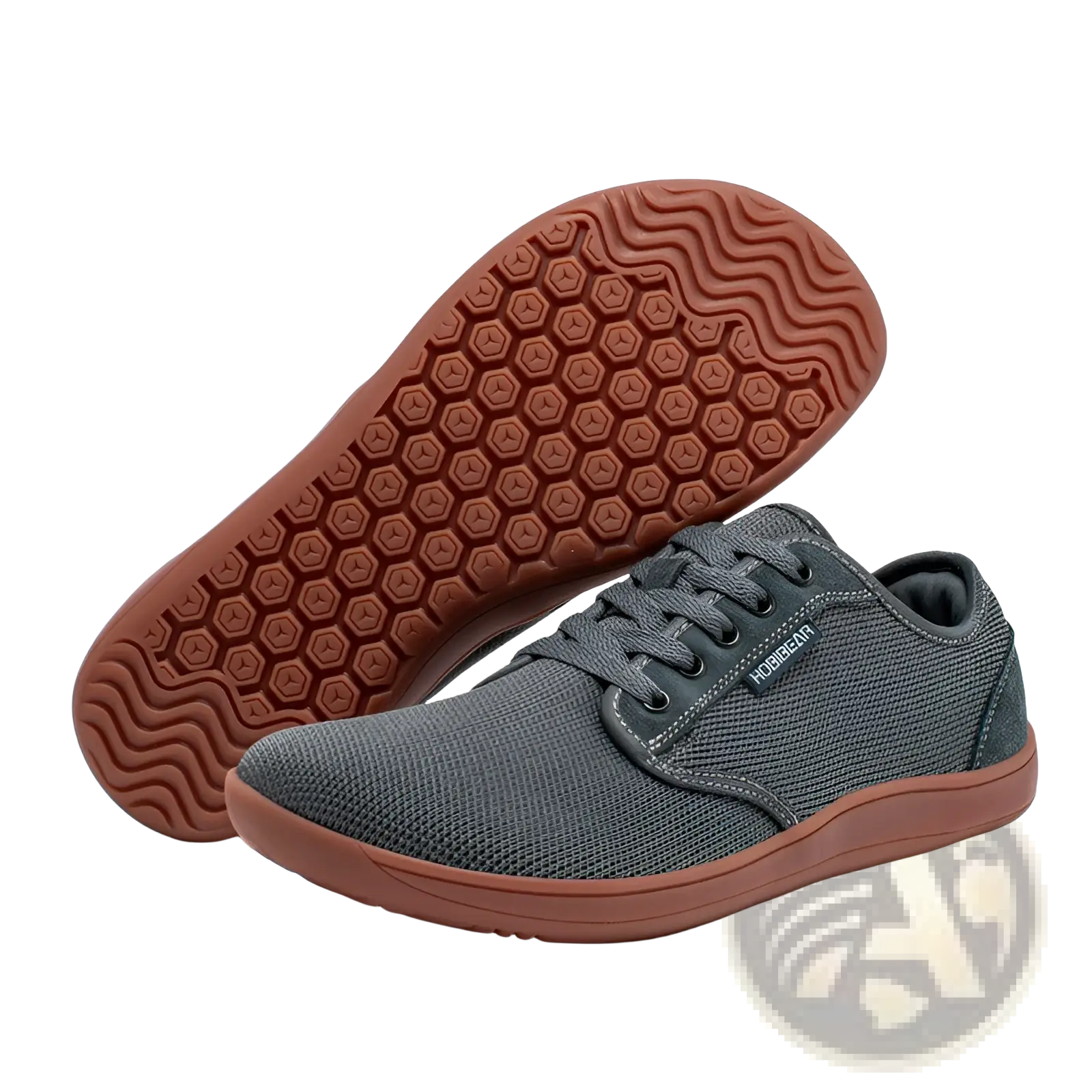 Unisex suede leather casual sports shoe gs6968 gray mesh hugoboa with brown rubber sole and hexagonal tread pattern