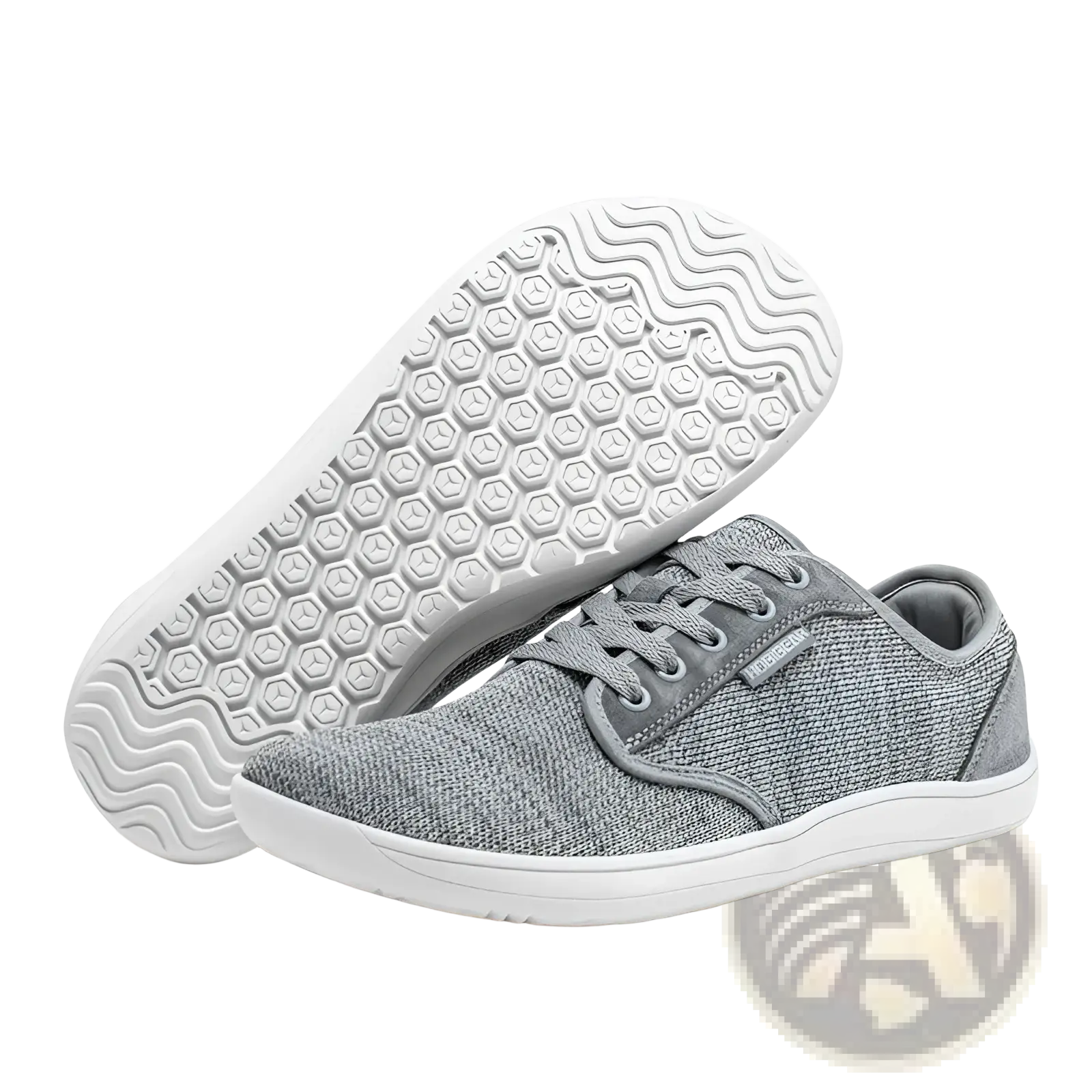 Unisex suede leather casual sports shoe gs6968 with gray woven textile upper and white rubber sole with hex tread pattern