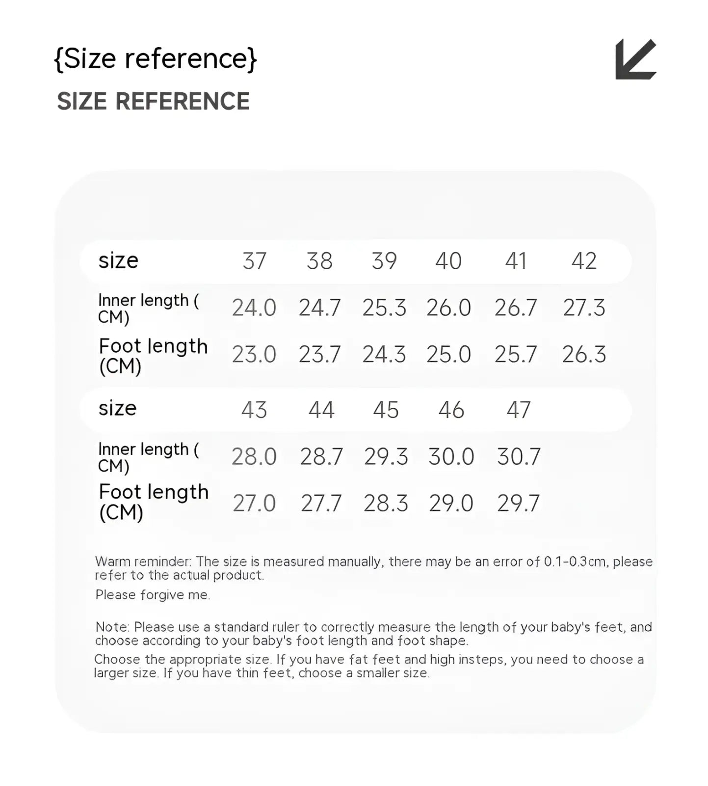 Size reference chart for unisex suede leather casual sports baby shoes GS6968 showing measurements in centimeters