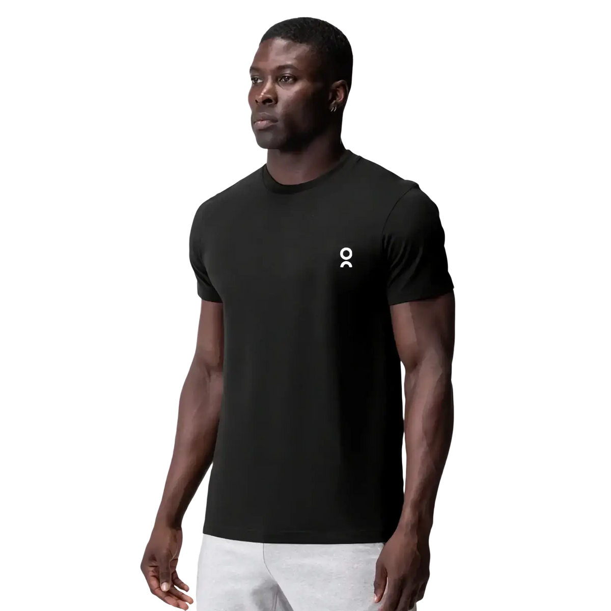 Black unisex summer athletic short-sleeved t-shirt with small white logo on left chest for active use