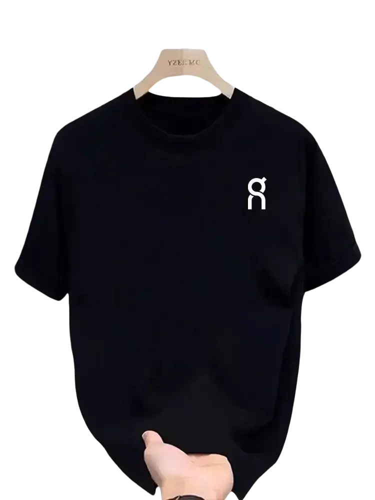 Black short-sleeved unisex summer athletic t-shirt with a white minimalist logo on the left chest for active wear