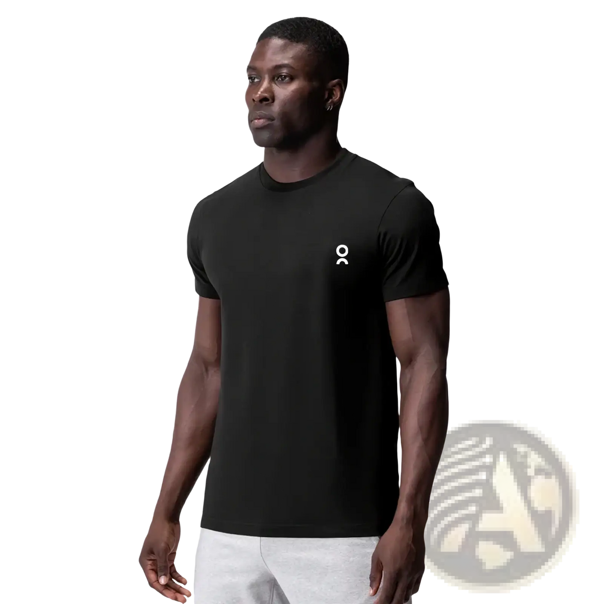 Unisex summer athletic black short sleeved t-shirt with a small white logo on the left chest for active wear