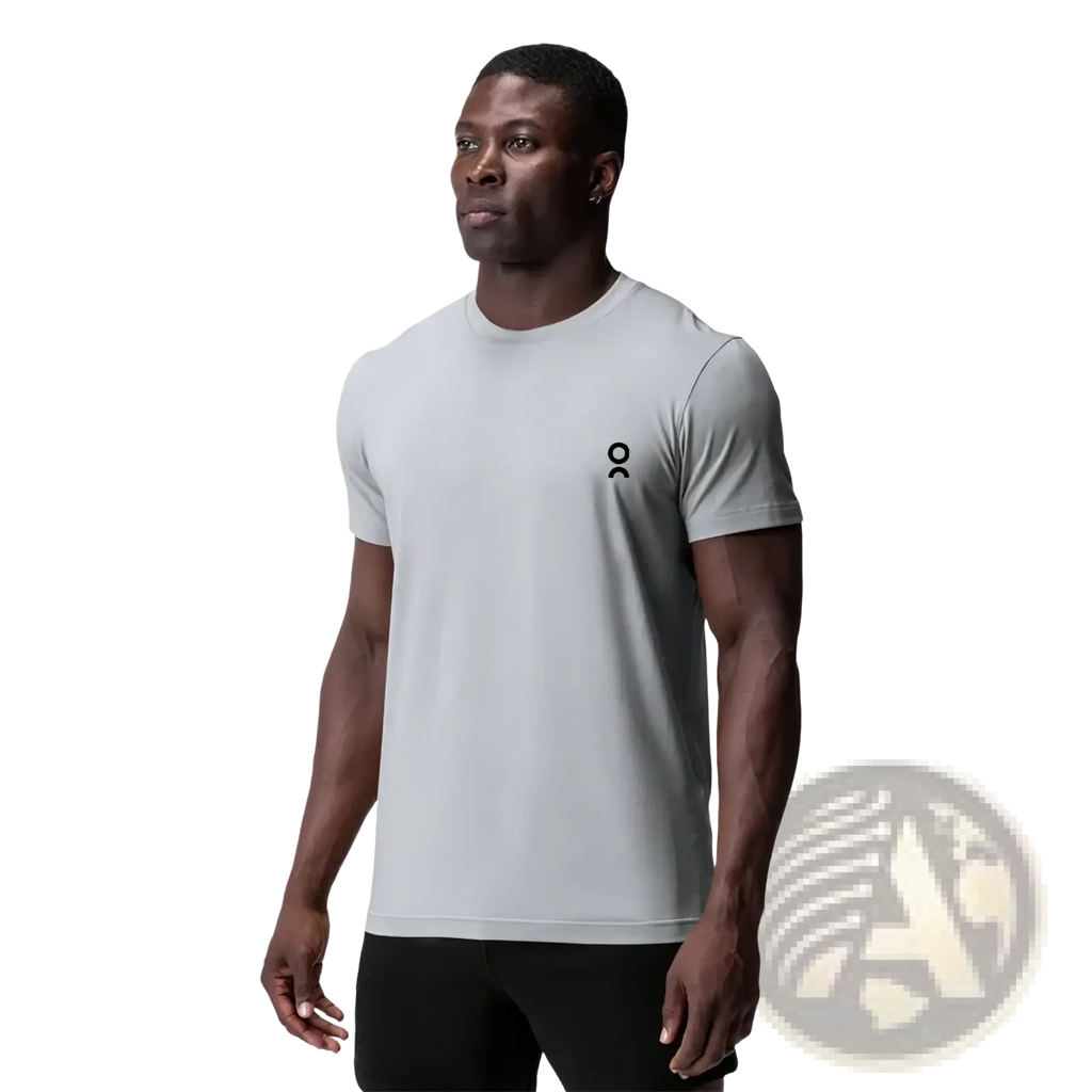 Unisex summer athletic t-shirt in light gray with short sleeves and a subtle black logo on the left chest