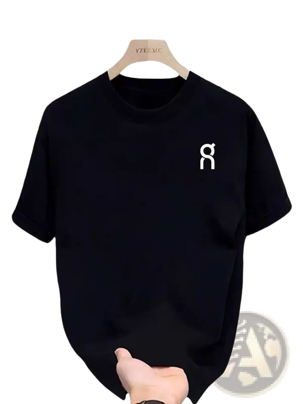 Unisex summer athletic black short-sleeved t-shirt with a white minimalist logo on the left chest designed for comfort