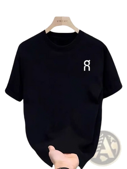Unisex summer athletic black short-sleeved t-shirt with a white minimalist logo on the left chest designed for comfort
