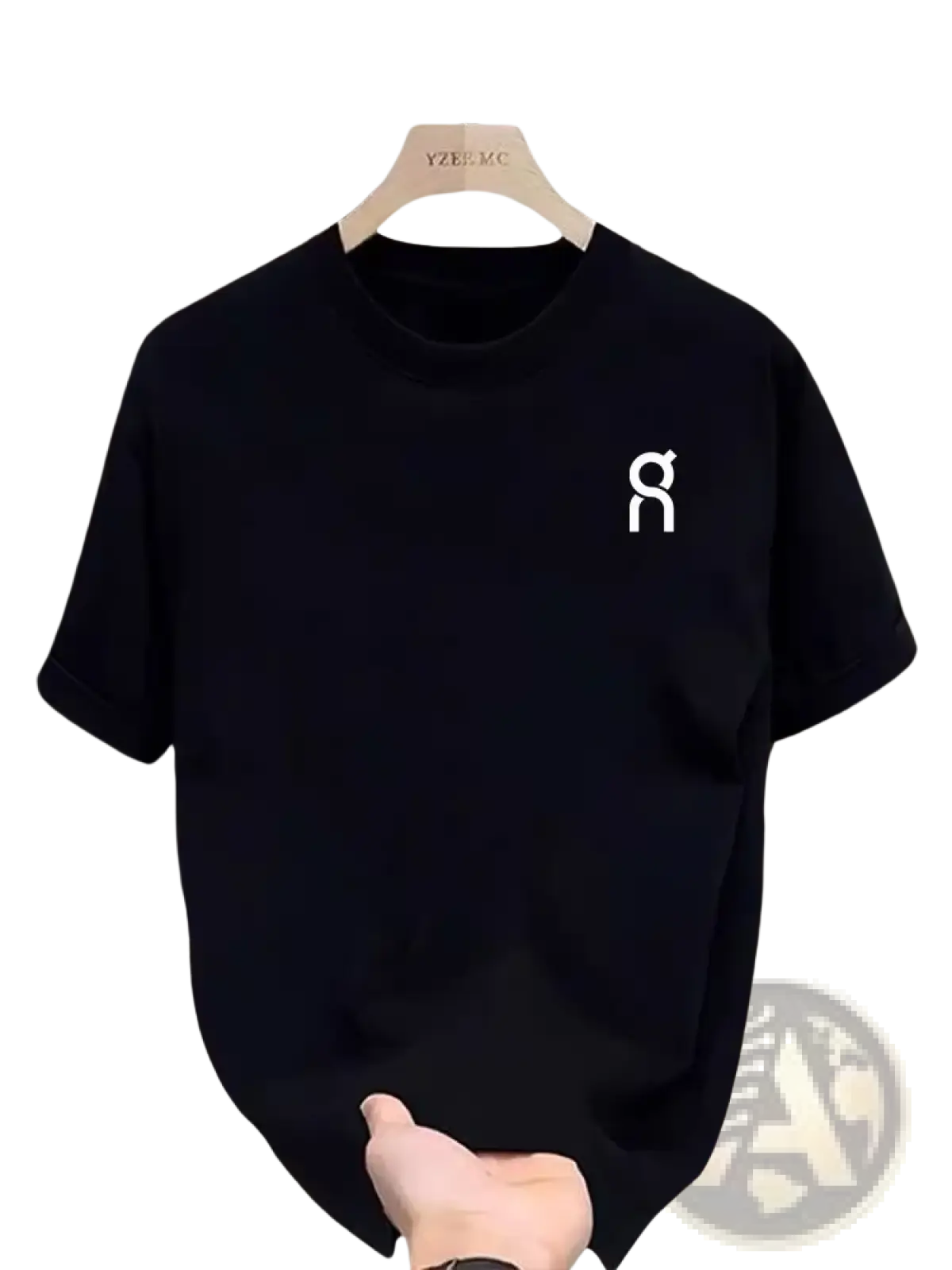 Unisex summer athletic black short-sleeved t-shirt with a white minimalist logo on the left chest designed for comfort