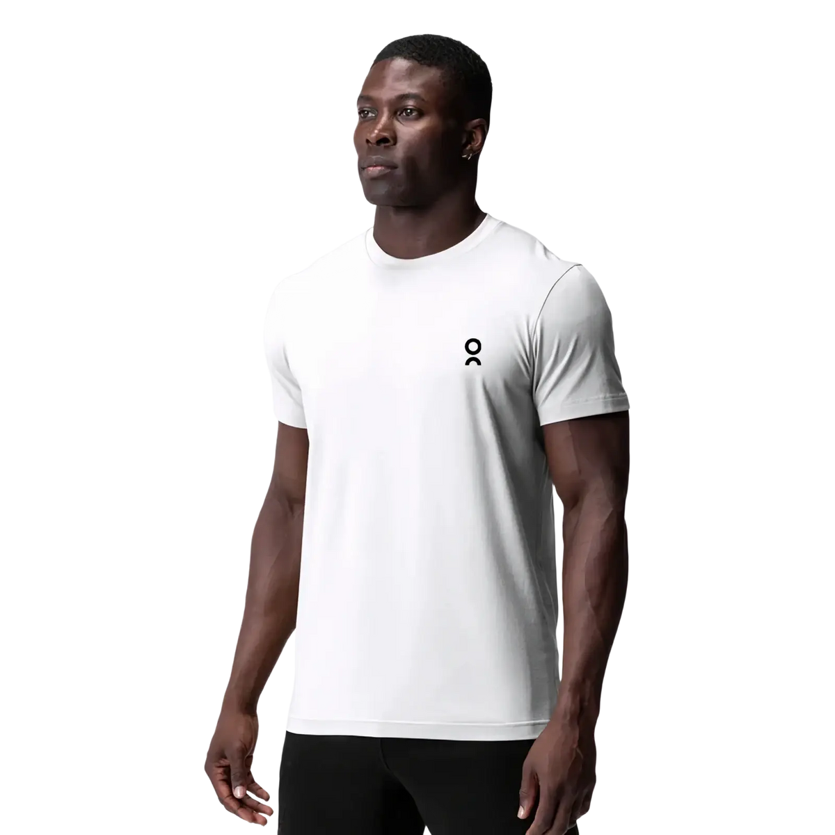 White short-sleeved unisex summer athletic t-shirt with a small black logo on the left chest for active wear