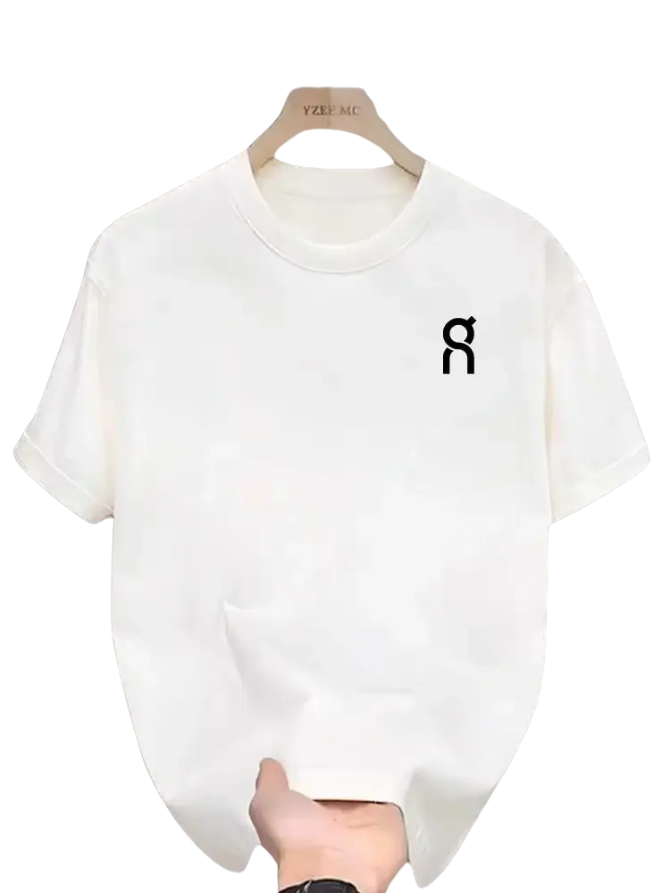 White short-sleeved unisex summer athletic t-shirt with black minimalist logo on left chest for casual wear