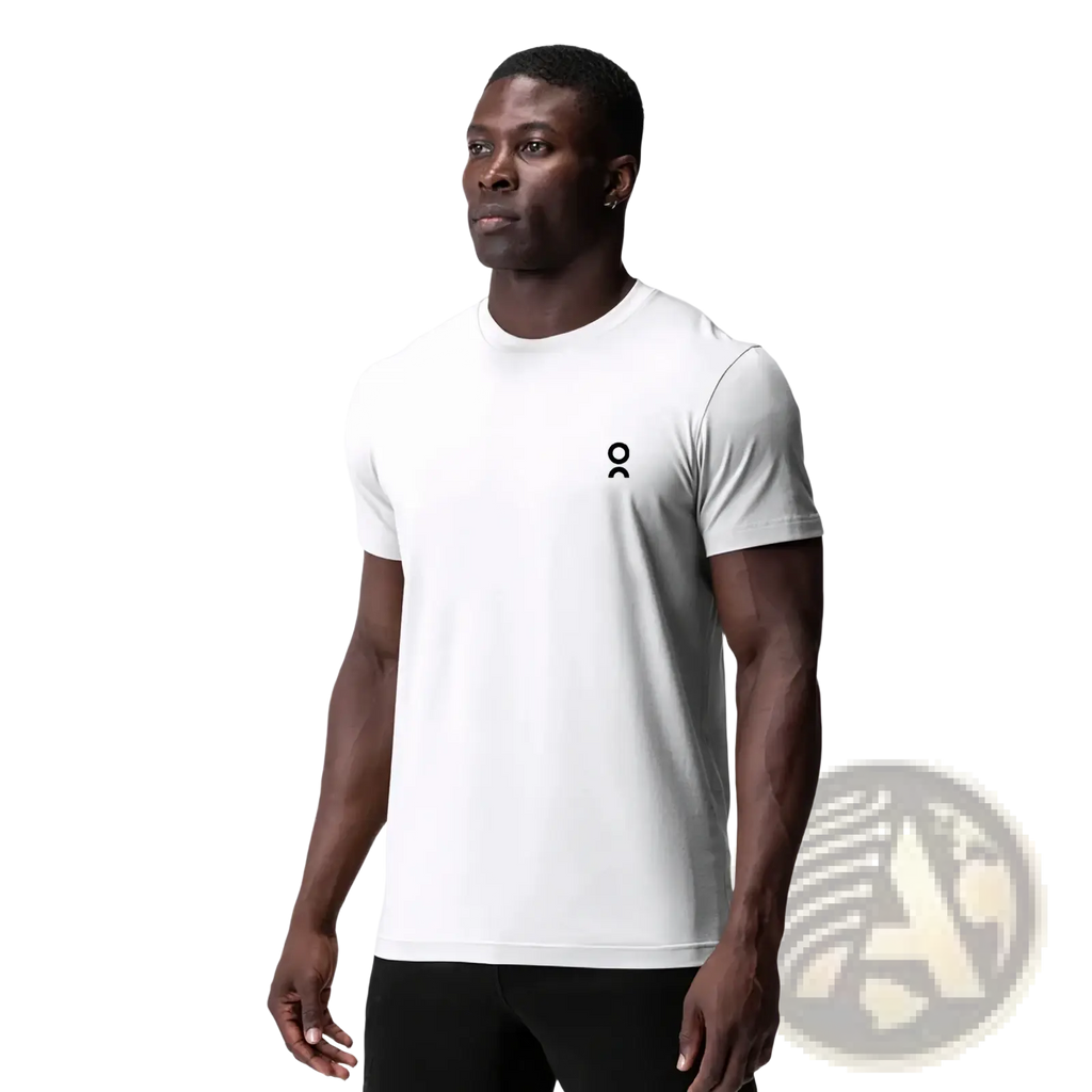 Unisex summer athletic t-shirt in white with short sleeves and a small black logo on the left chest