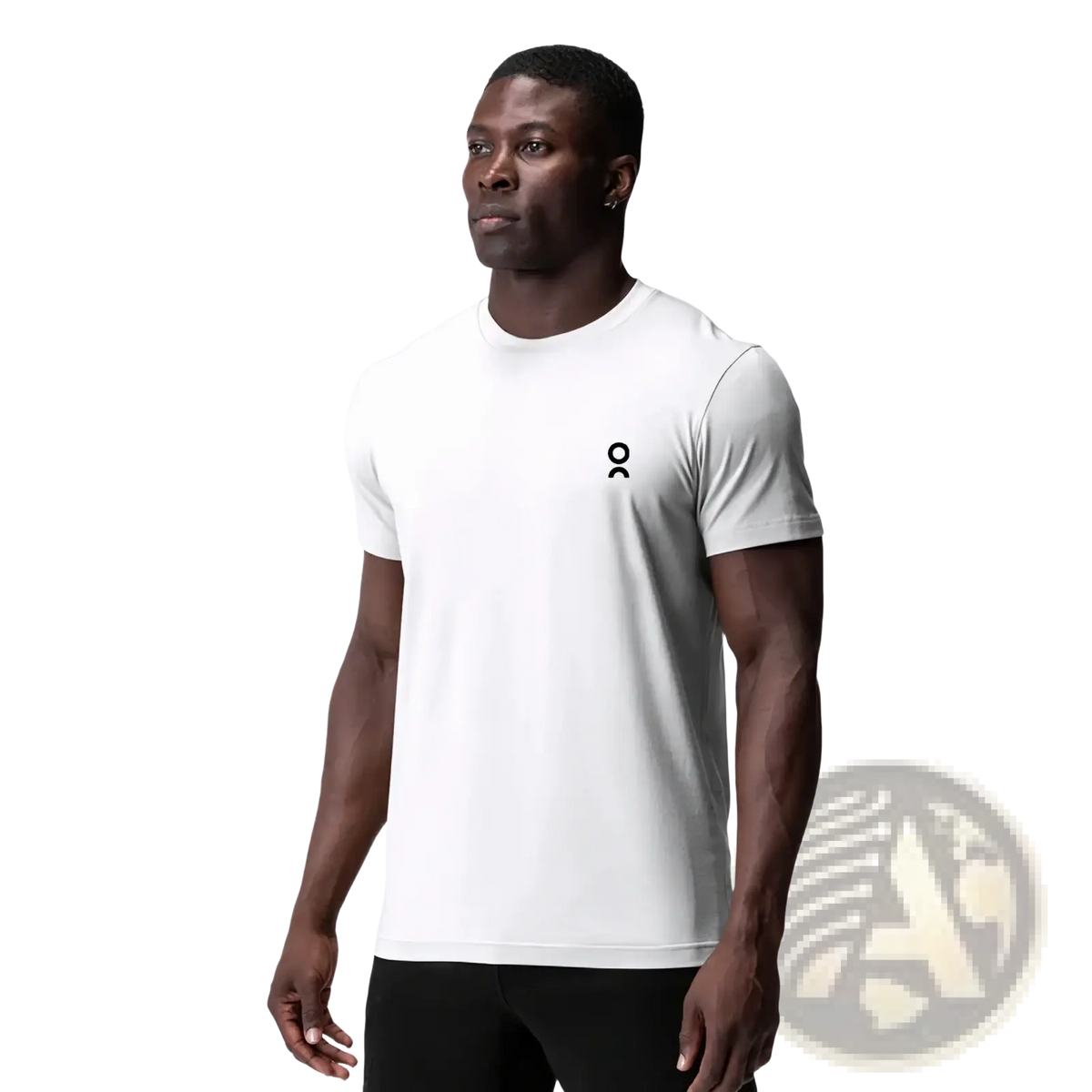 Unisex summer athletic t-shirt in white with short sleeves and a small black logo on the left chest