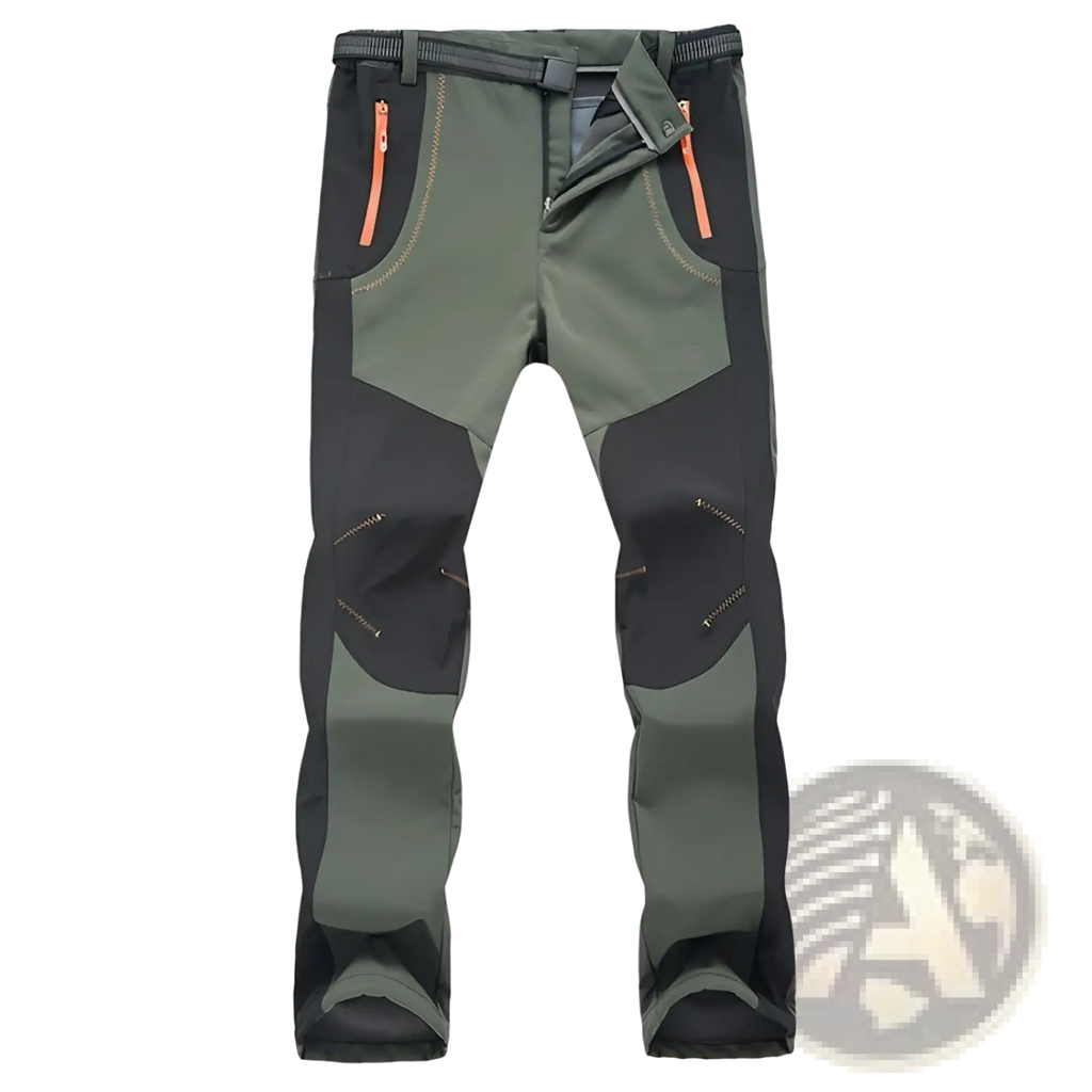 Unisex tactical outdoor hiking pants in olive and black paneling with orange zipper accents for durability and style
