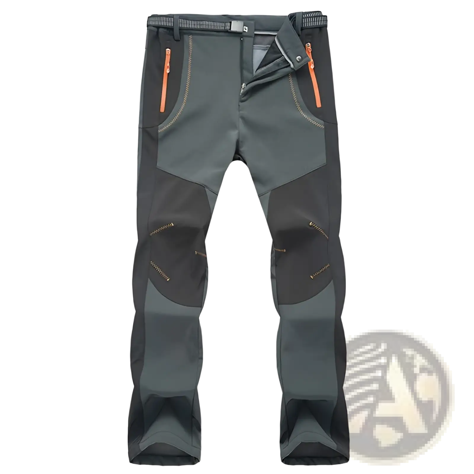 Unisex tactical outdoor hiking pants in dark gray and black with orange zipper accents designed for durability and comfort