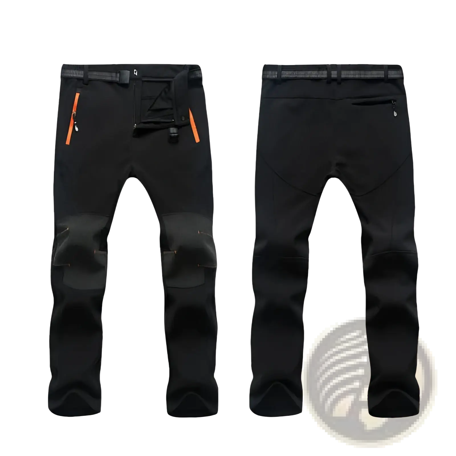 Unisex tactical outdoor hiking pants in black waterproof fabric with orange accent zippers and reinforced knee panels