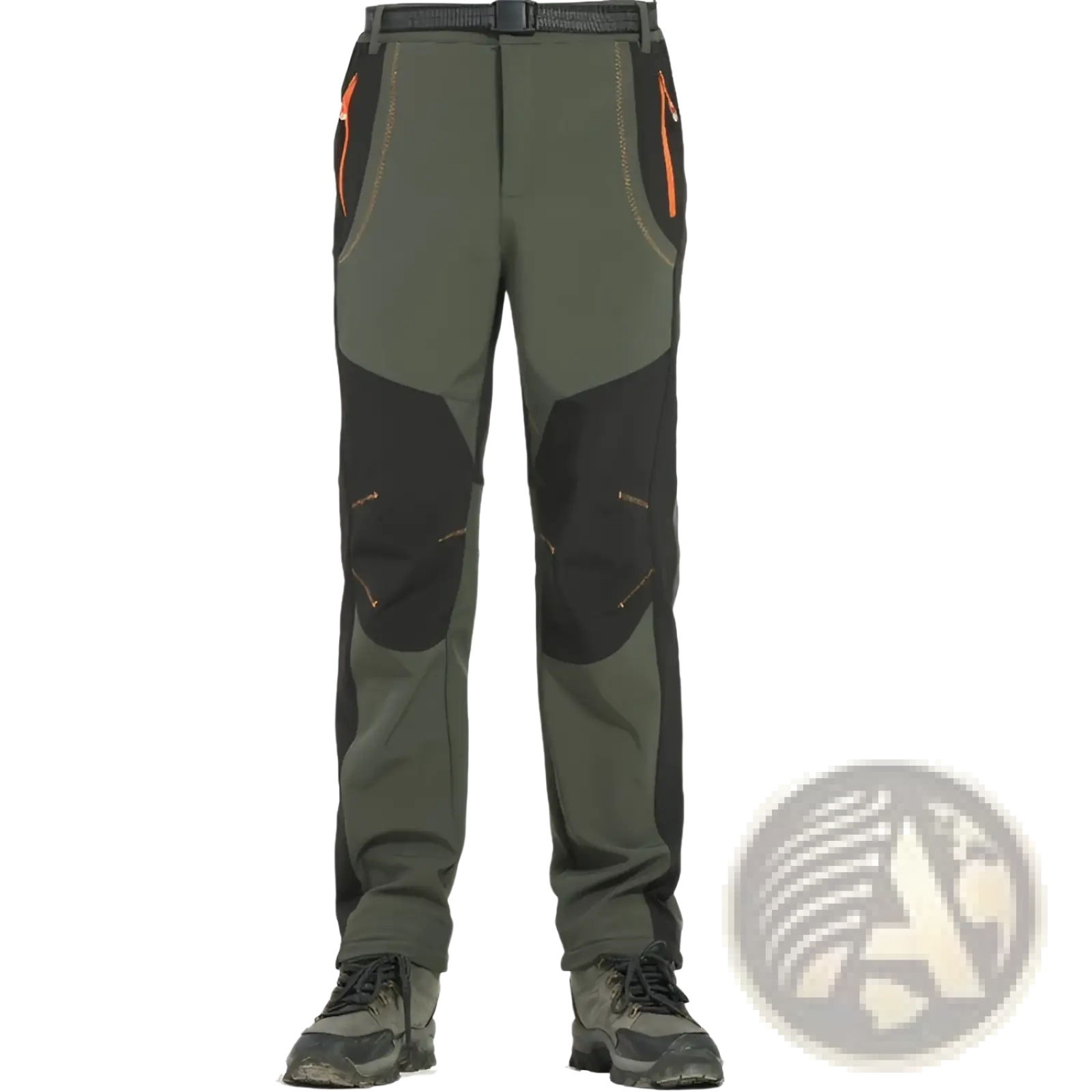 Unisex tactical outdoor hiking pants in olive green and black with orange accent zippers and durable fabric