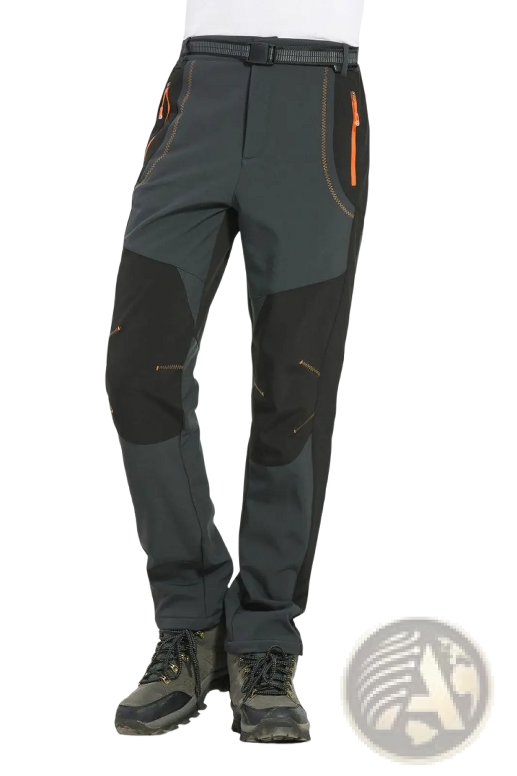 Unisex tactical outdoor hiking pants in dark gray and black with orange zipper accents for rugged use