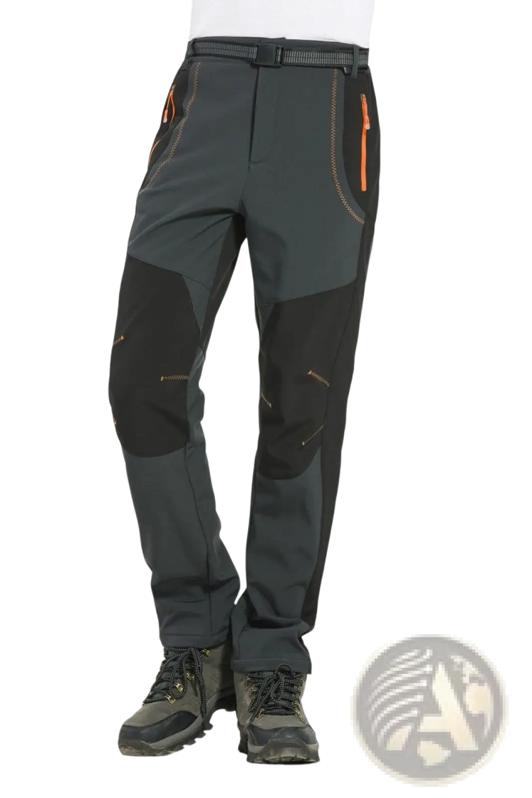 Unisex tactical outdoor hiking pants in dark gray and black with orange zipper accents for rugged use