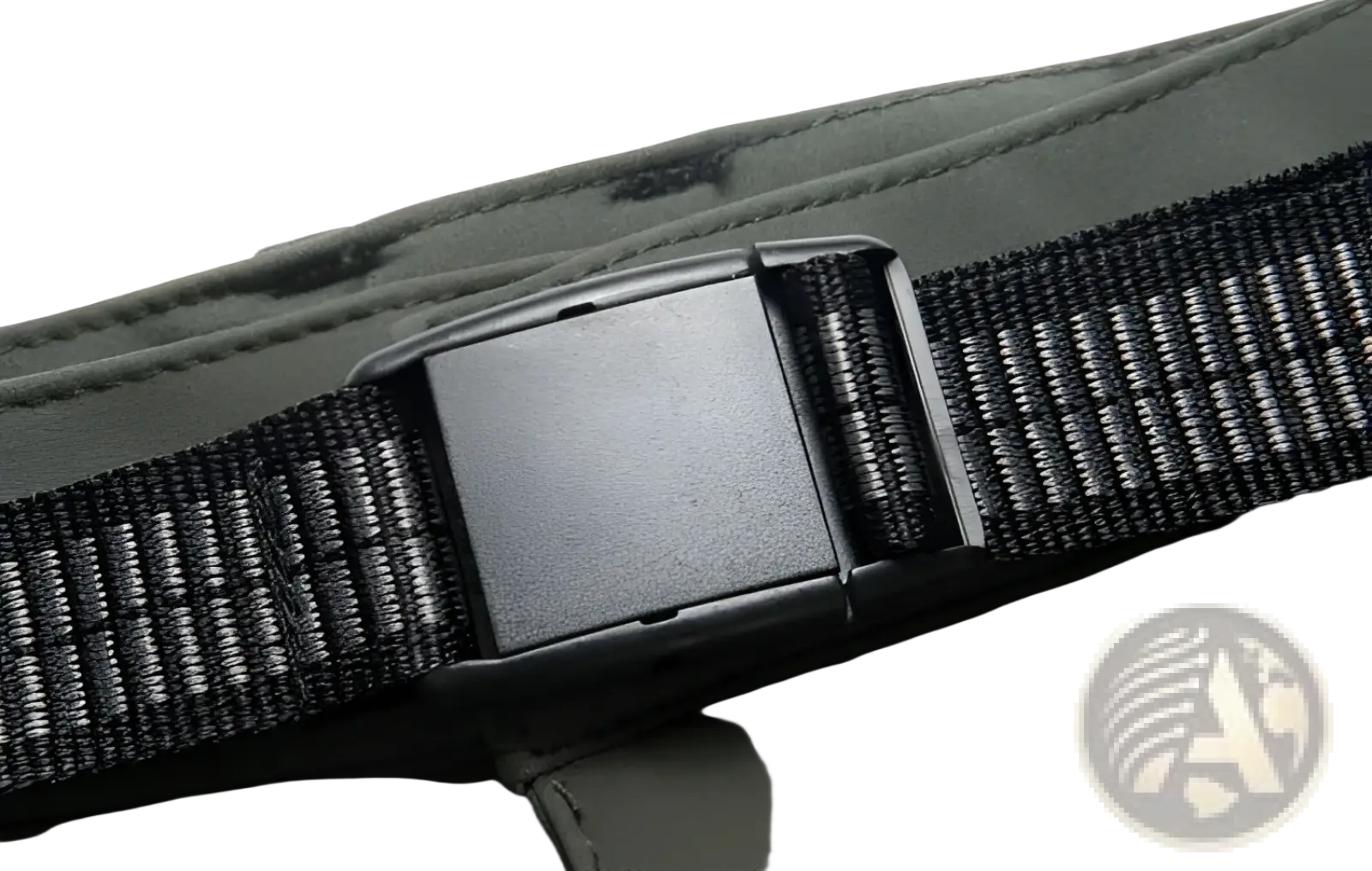Black woven strap with matte black plastic buckle on unisex tactical outdoor hiking pants with accent zippers