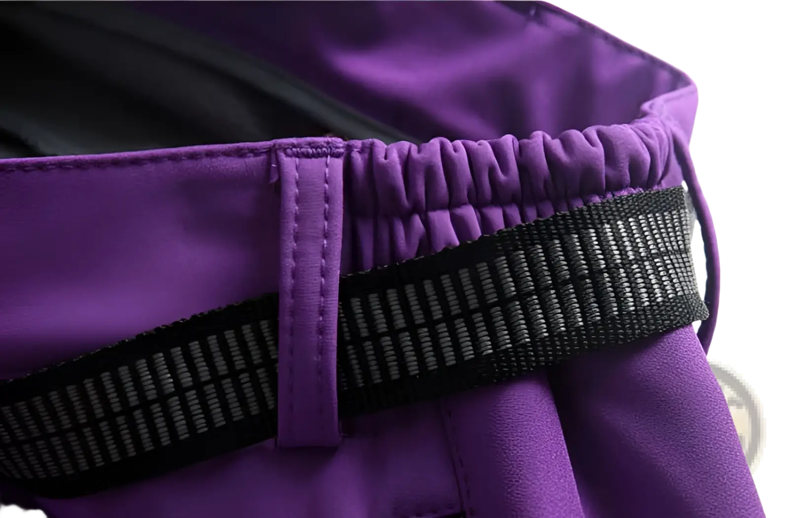 Purple unisex tactical outdoor hiking shorts with a black elastic waistband and textured weave accent zippers