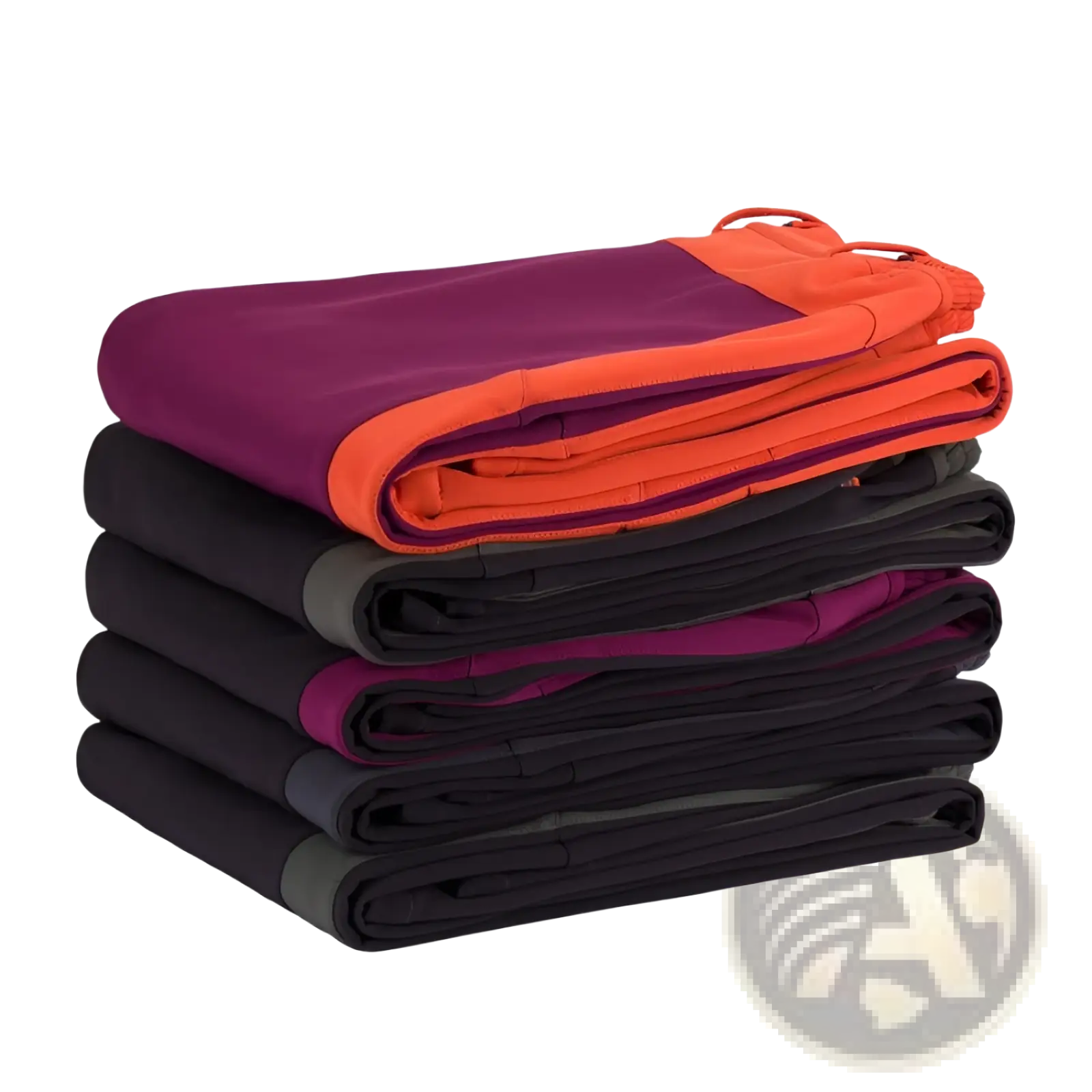 Stack of folded unisex tactical outdoor hiking pants in vibrant purple orange and black with accent zippers