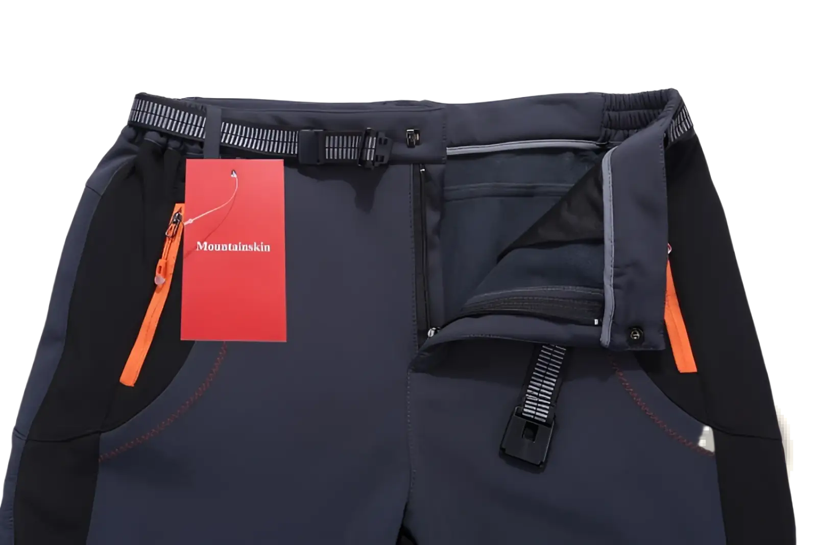 Unisex tactical outdoor hiking pants in dark gray with black side panels orange zipper pulls and contrast stitching